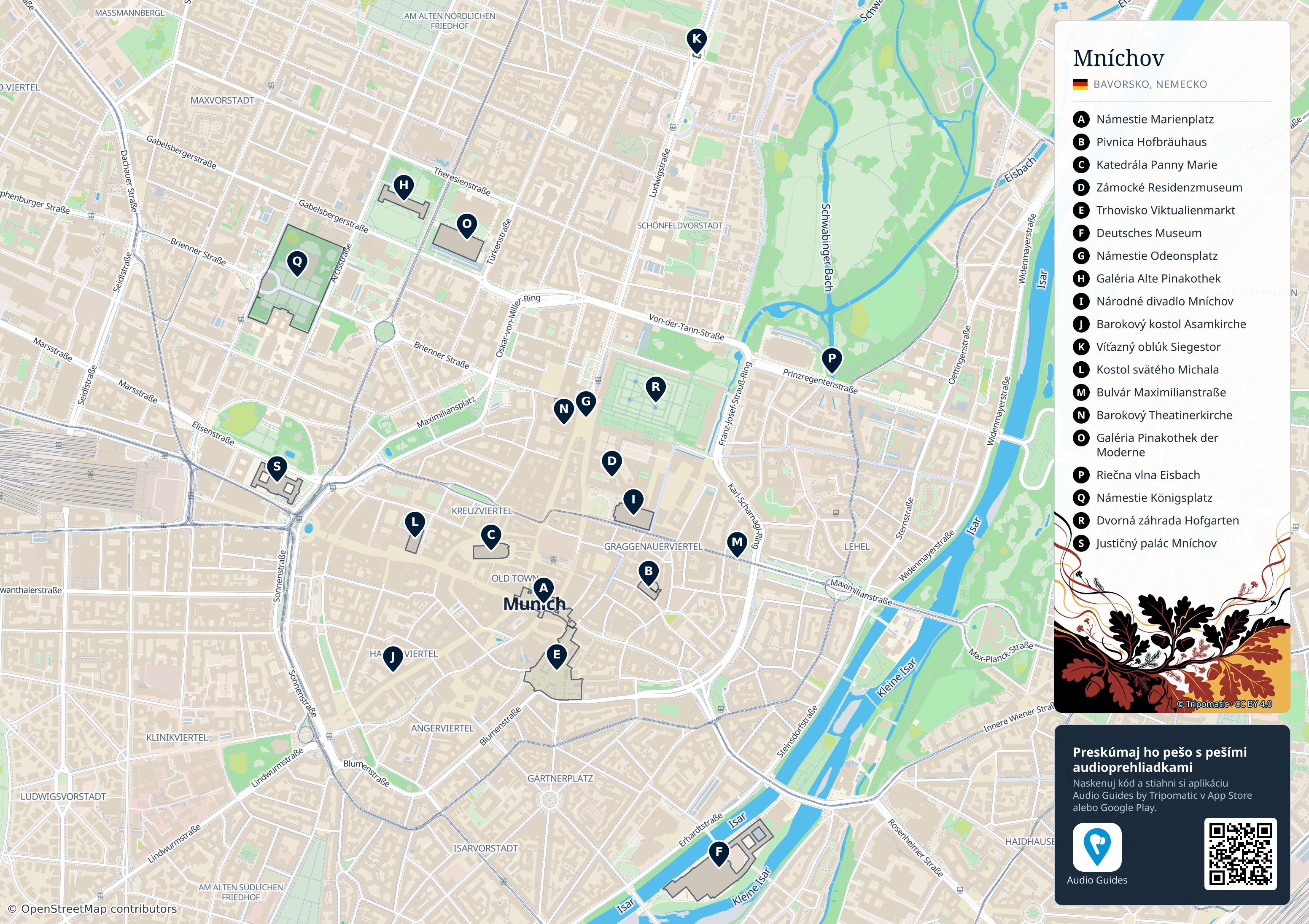Mníchov – turistická mapa na vytlačenie s očíslovanými najlepšími atrakciami