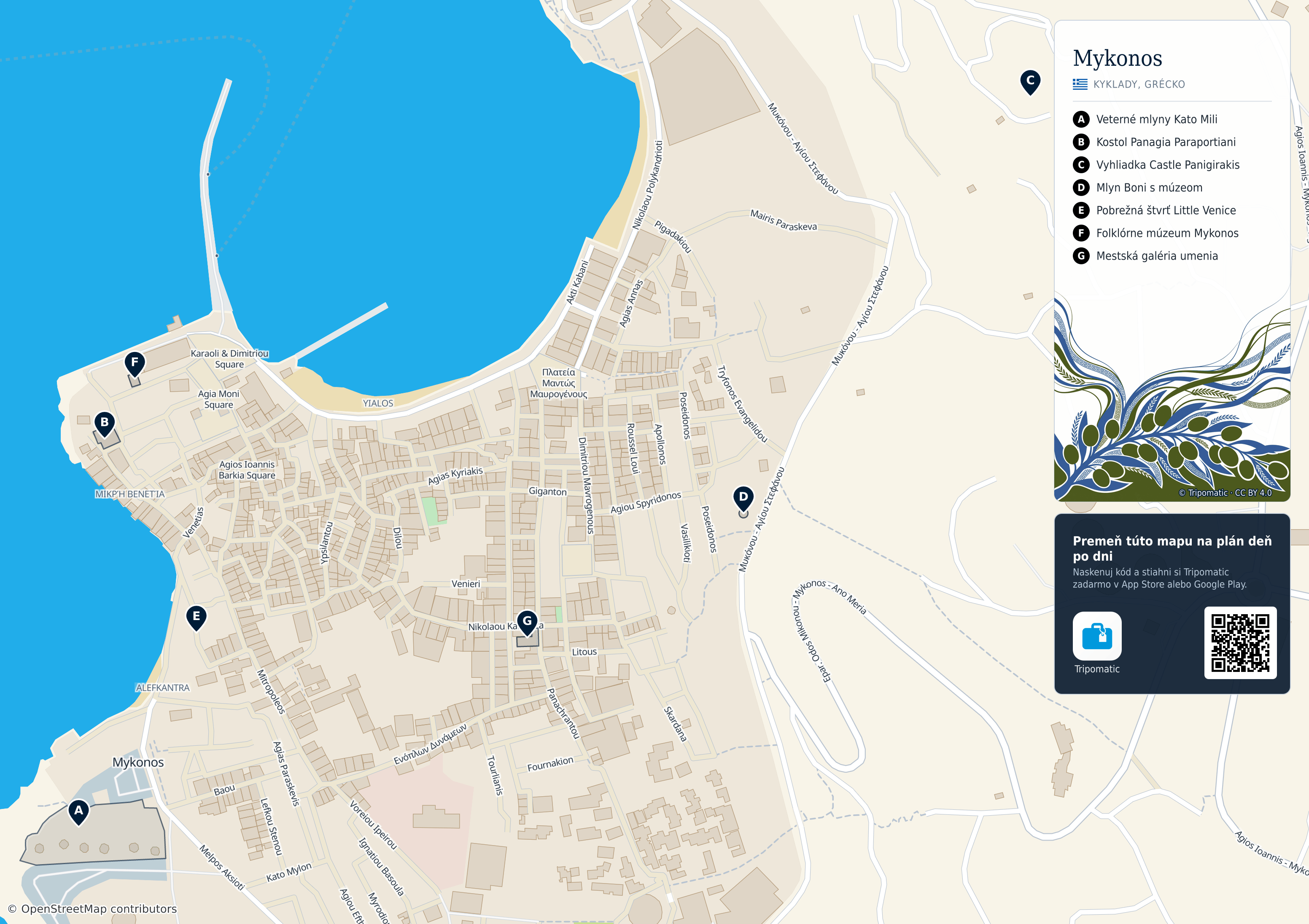 Mykonos – turistická mapa na vytlačenie s očíslovanými najlepšími atrakciami