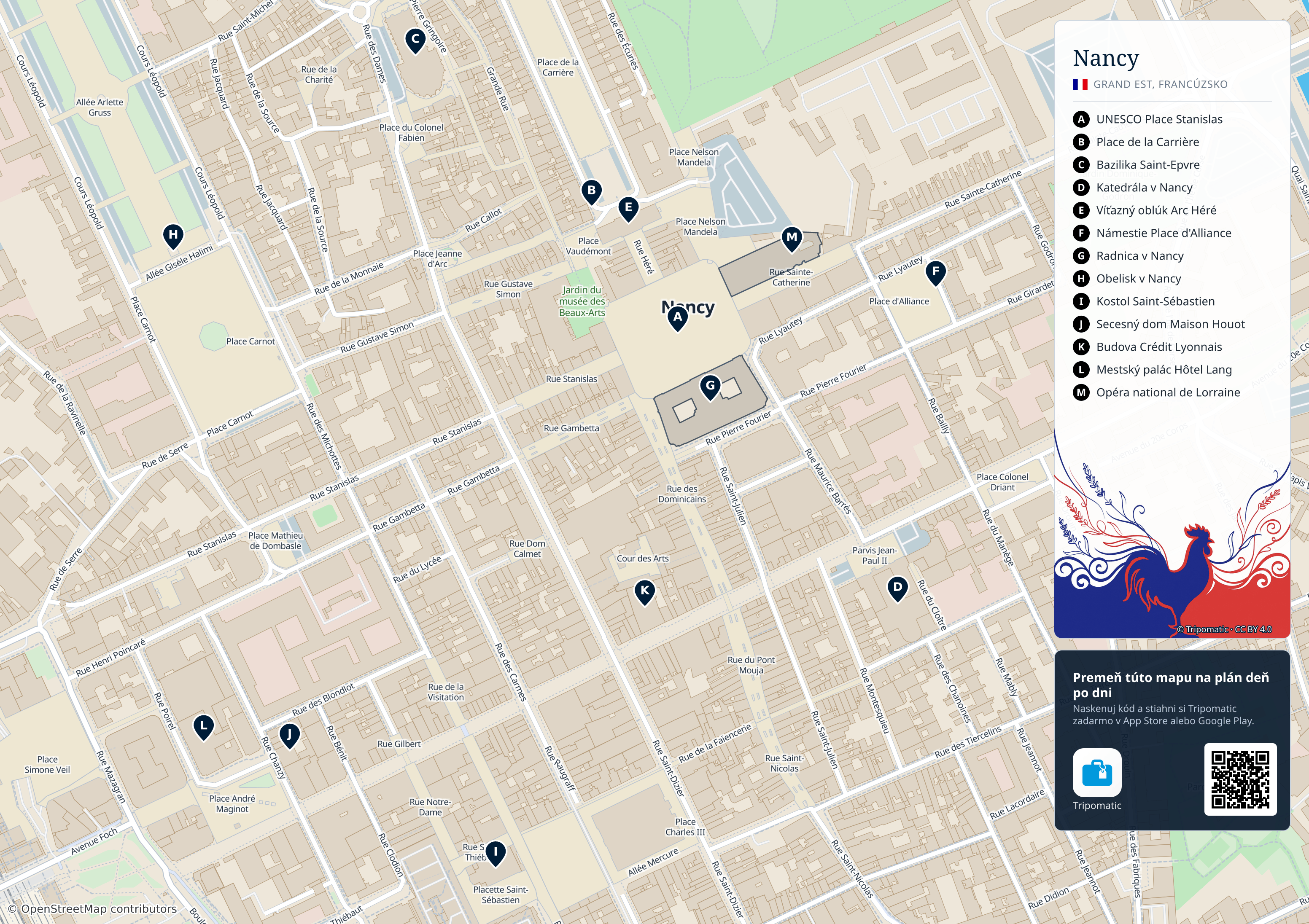 Nancy – turistická mapa na vytlačenie s očíslovanými najlepšími atrakciami
