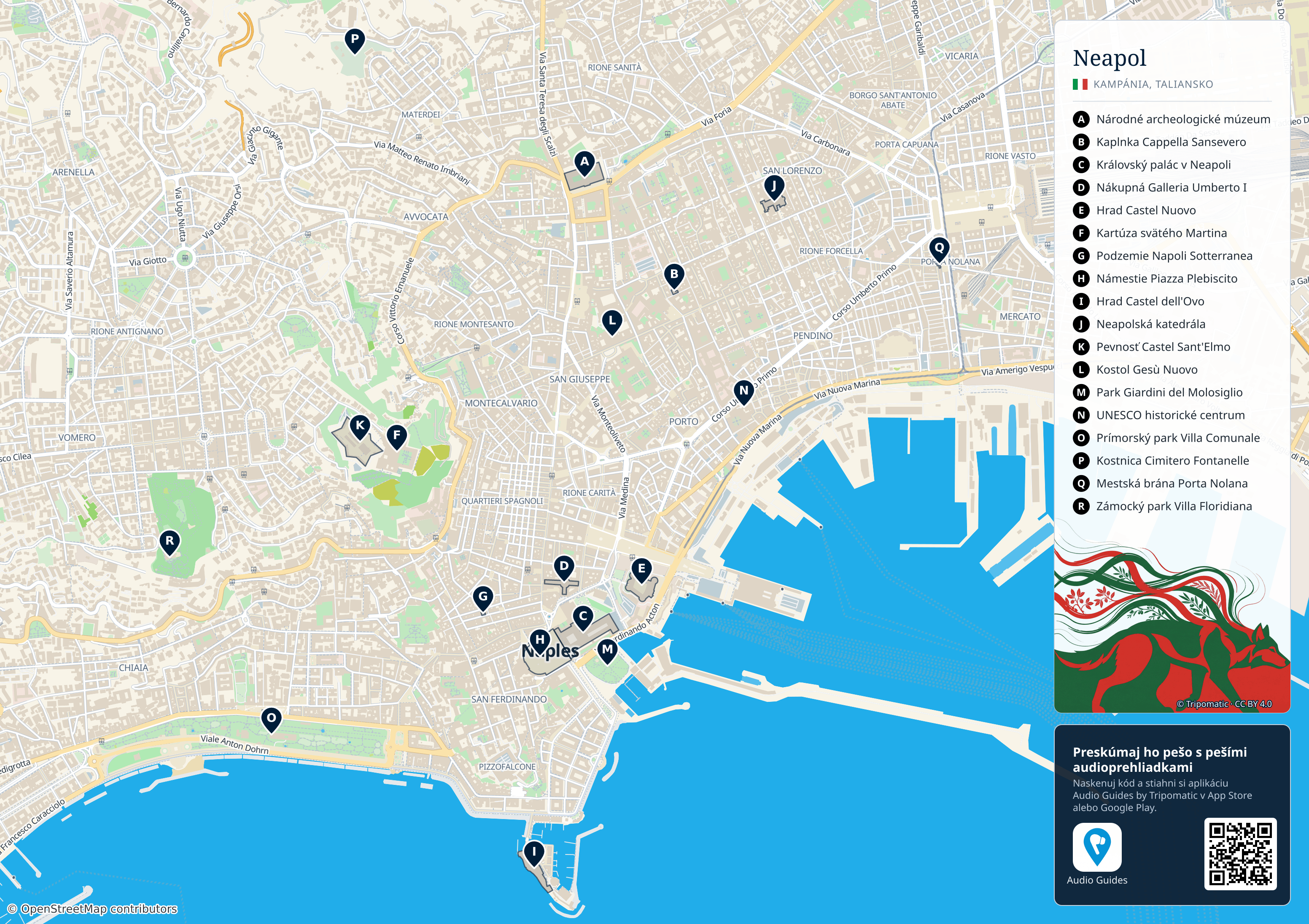Neapol – turistická mapa na vytlačenie s očíslovanými najlepšími atrakciami