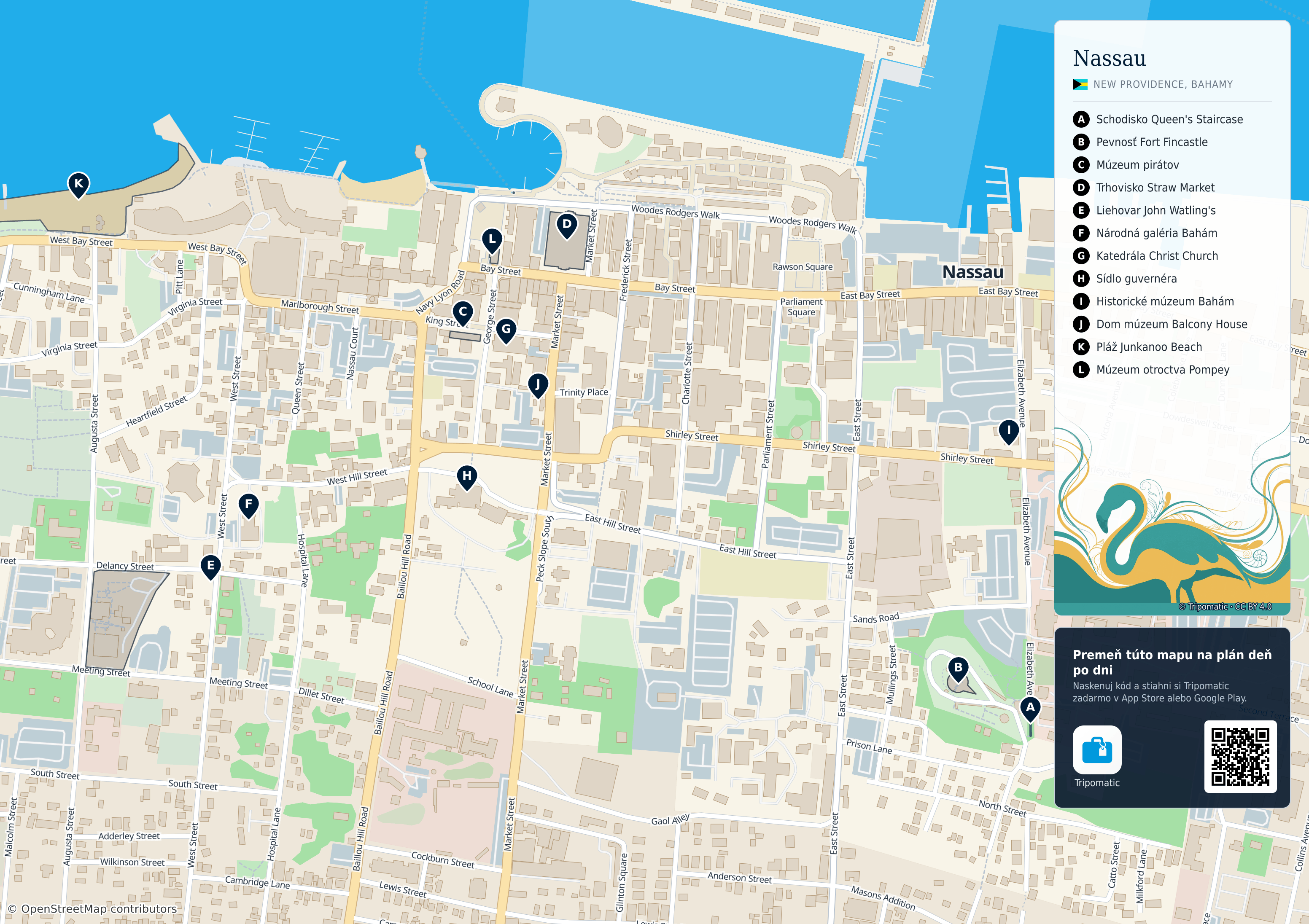 Nassau – turistická mapa na vytlačenie s očíslovanými najlepšími atrakciami