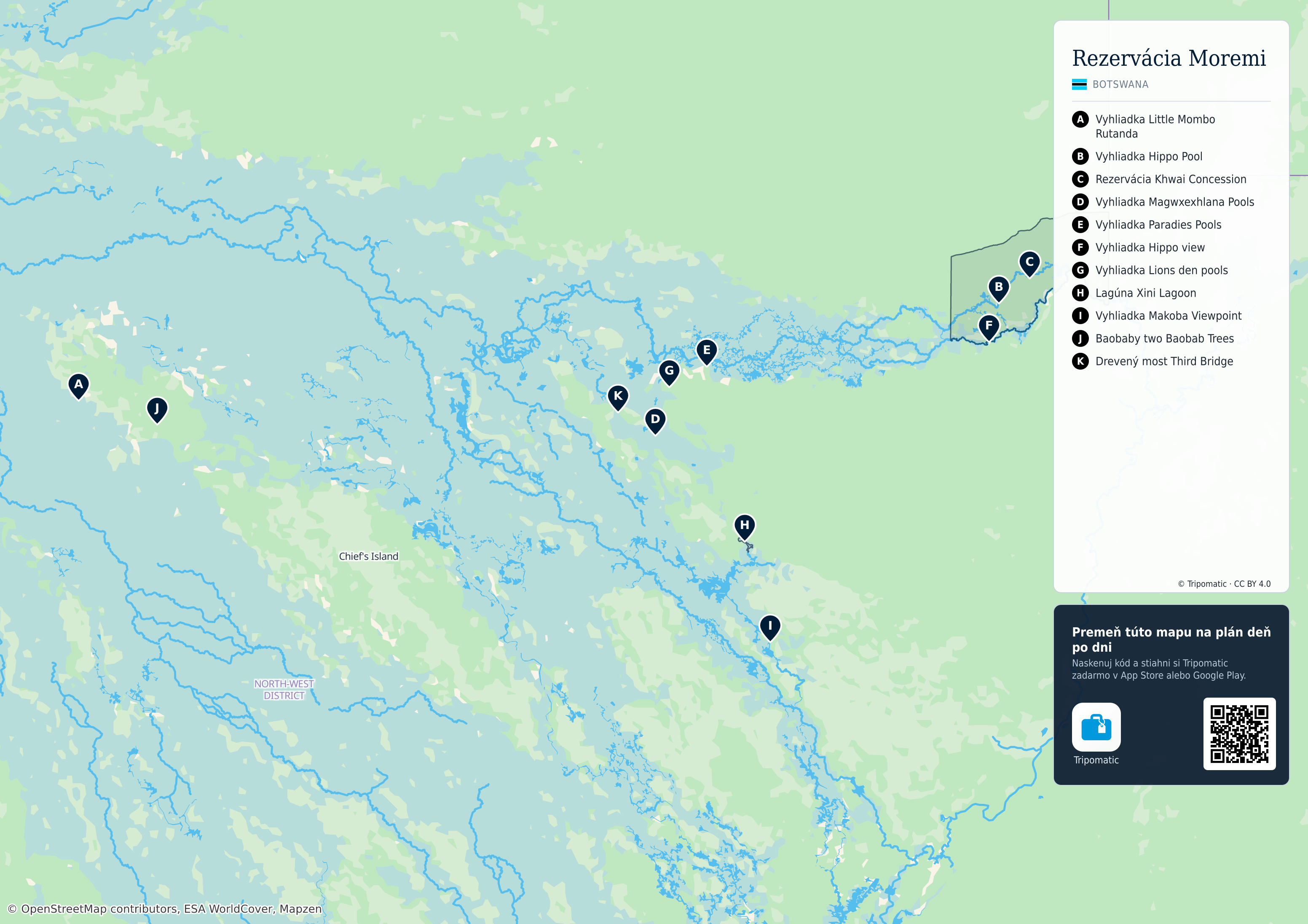 Rezervácia Moremi – turistická mapa na vytlačenie s očíslovanými najlepšími atrakciami