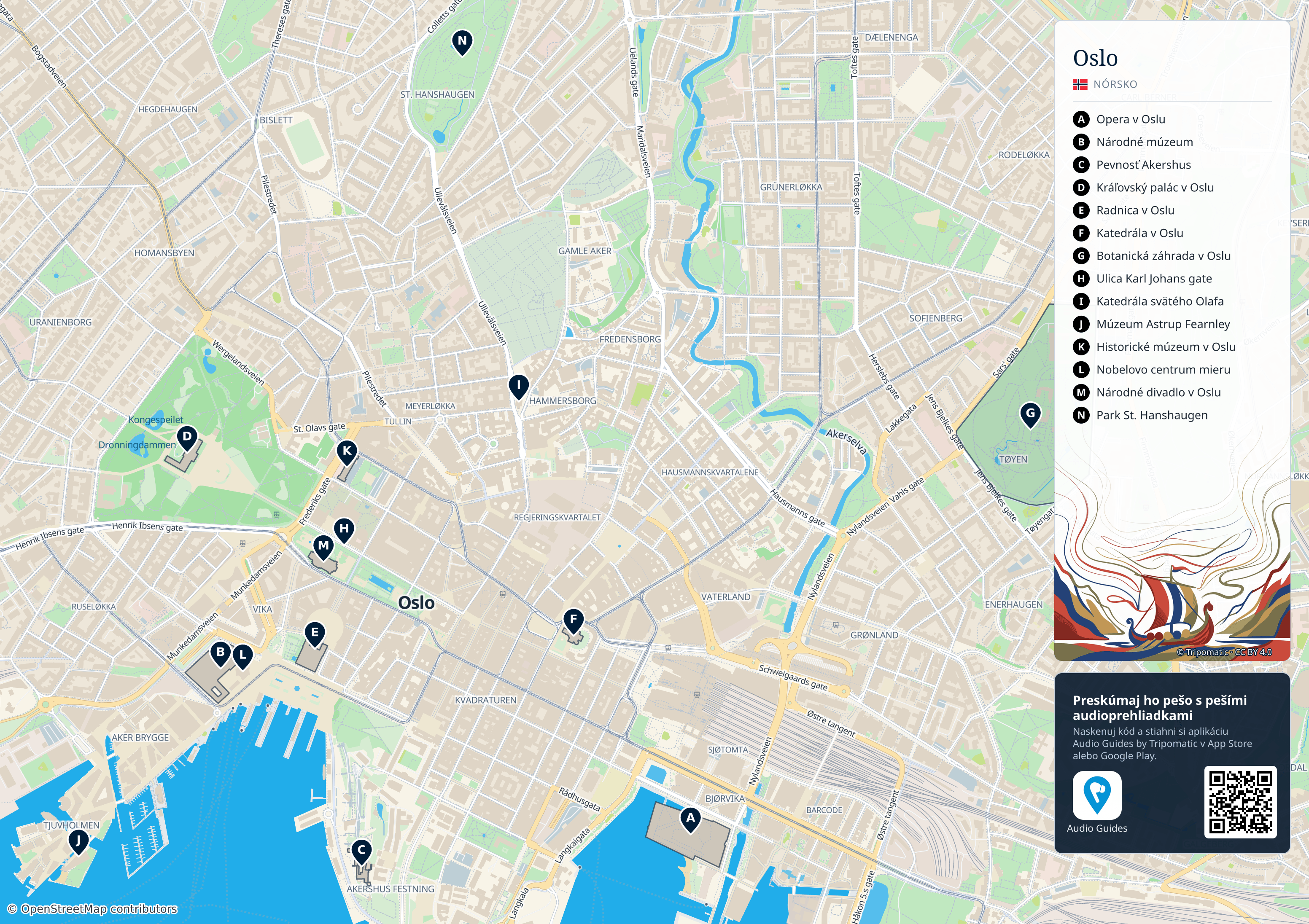 Oslo – turistická mapa na vytlačenie s očíslovanými najlepšími atrakciami