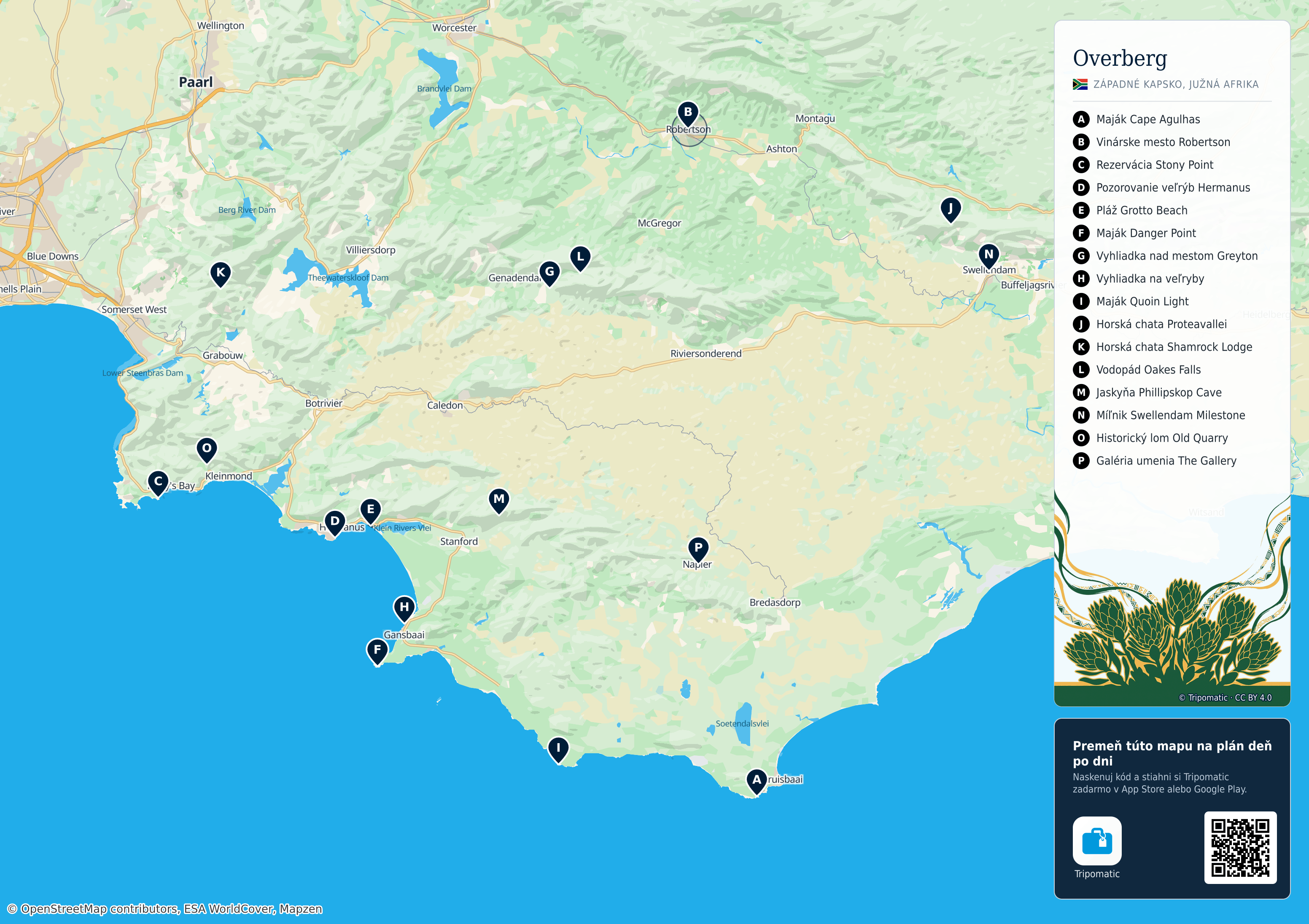Okres Overberg – turistická mapa na vytlačenie s očíslovanými najlepšími atrakciami