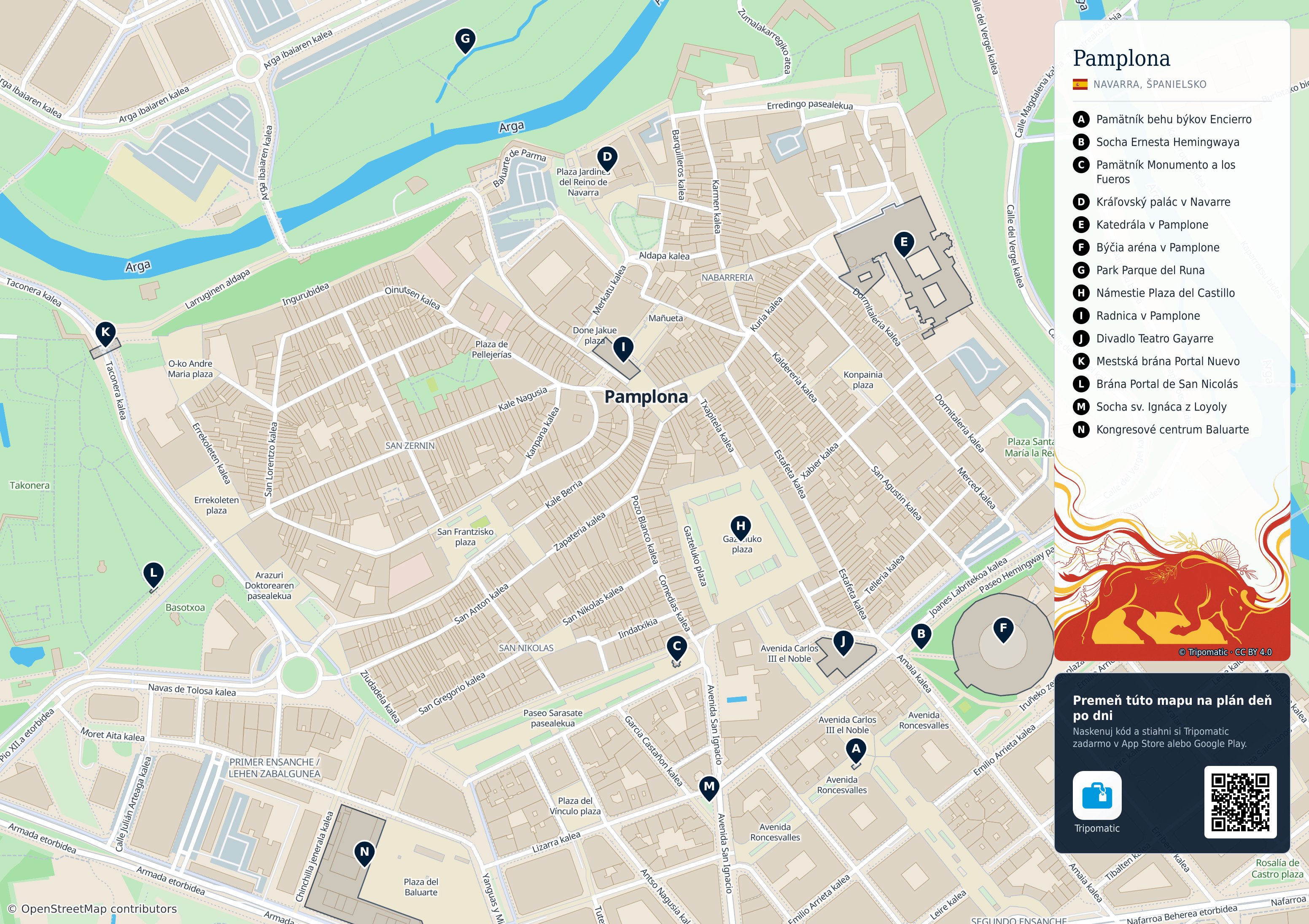 Pamplona/Iruña – turistická mapa na vytlačenie s očíslovanými najlepšími atrakciami