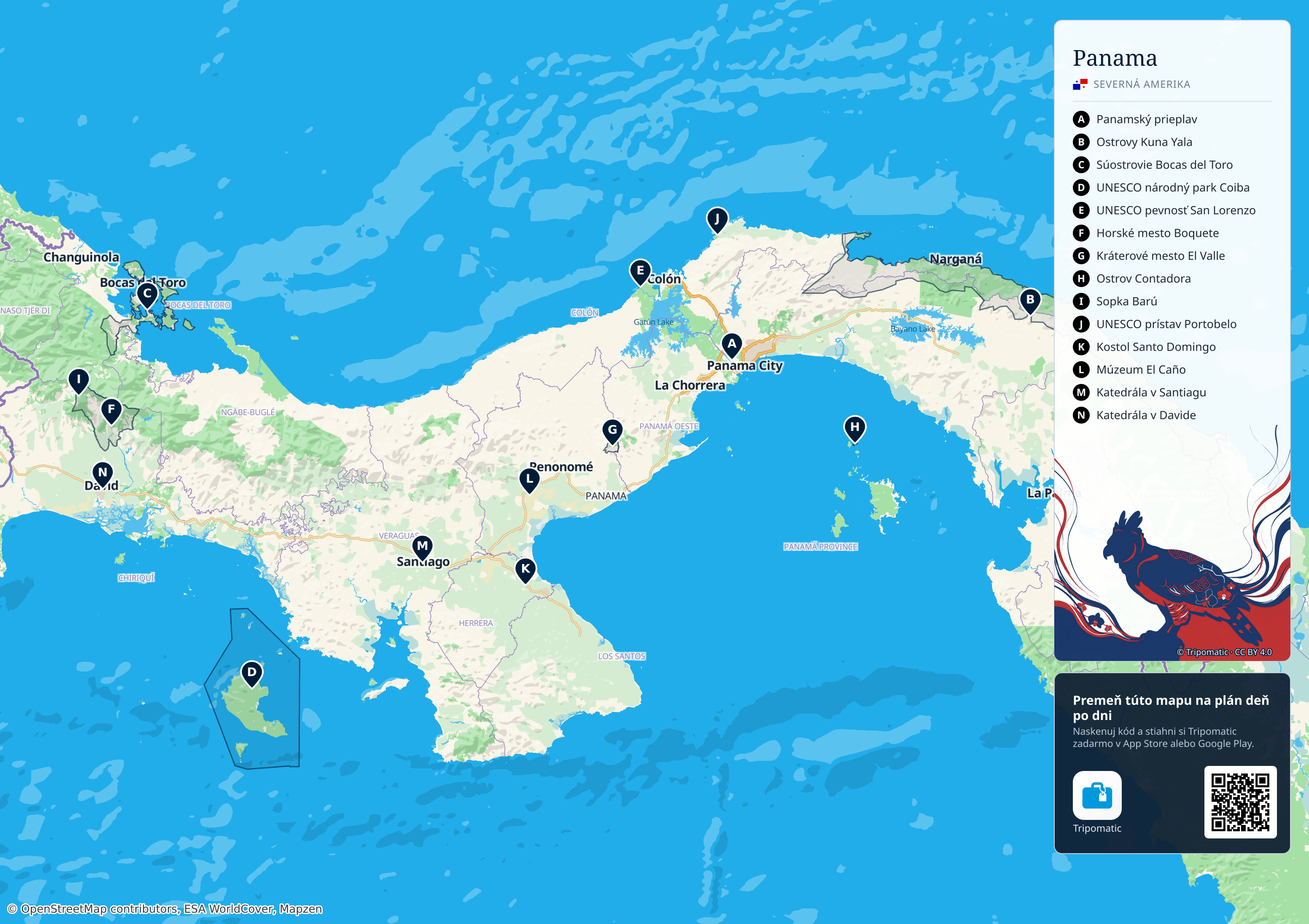 Panama – turistická mapa na vytlačenie s očíslovanými najlepšími atrakciami