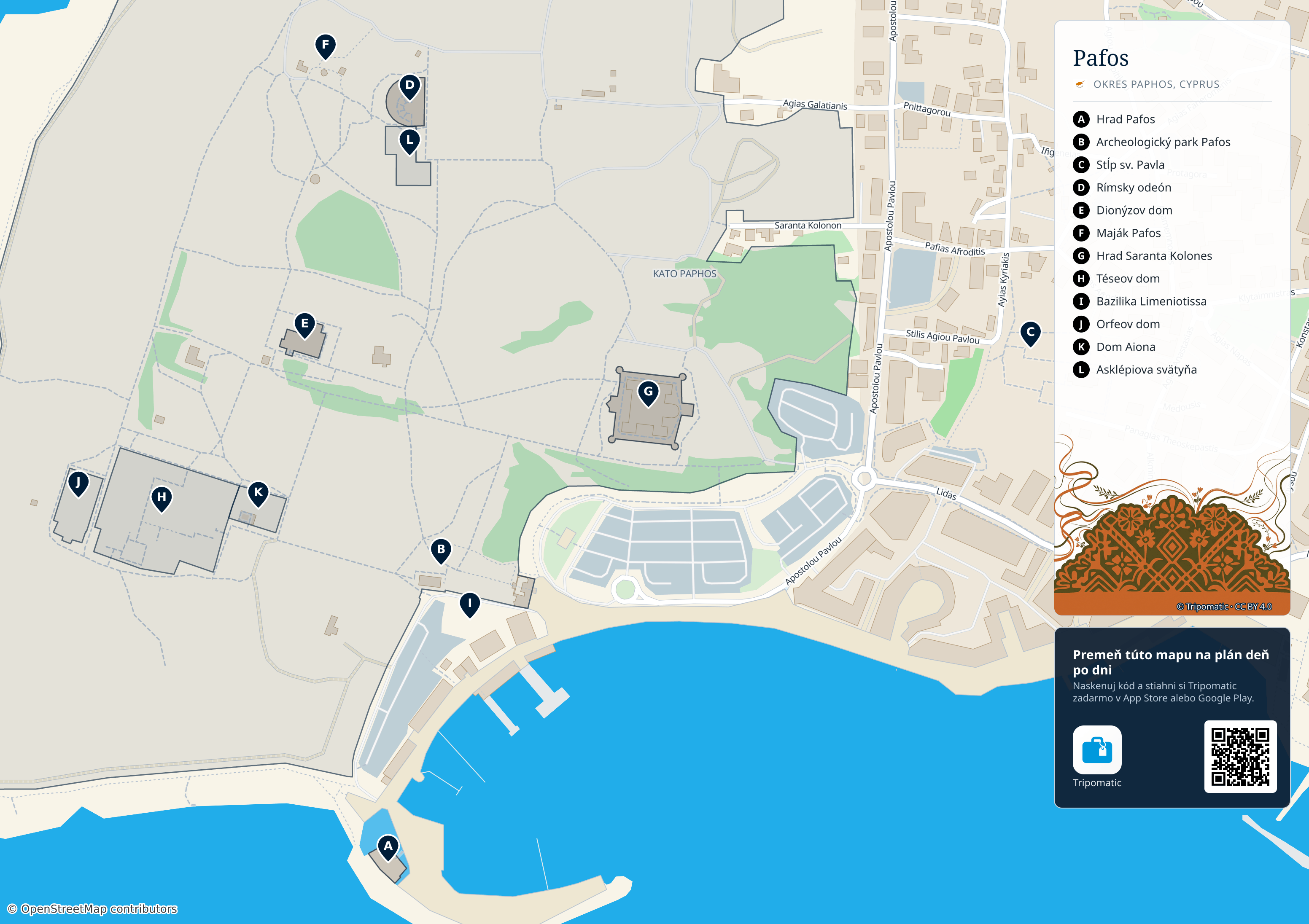 Paphos Municipality – turistická mapa na vytlačenie s očíslovanými najlepšími atrakciami