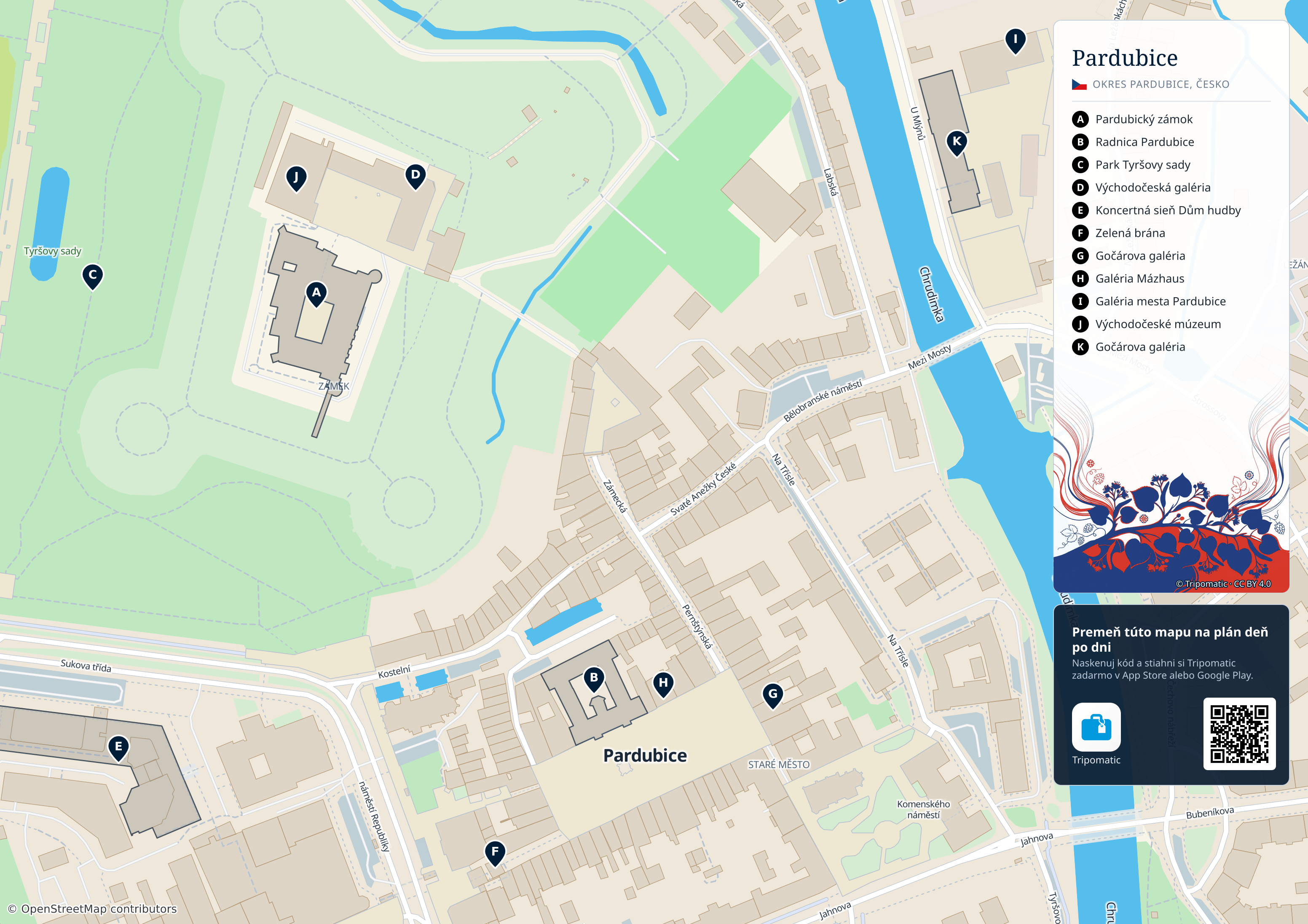 Pardubice – turistická mapa na vytlačenie s očíslovanými najlepšími atrakciami