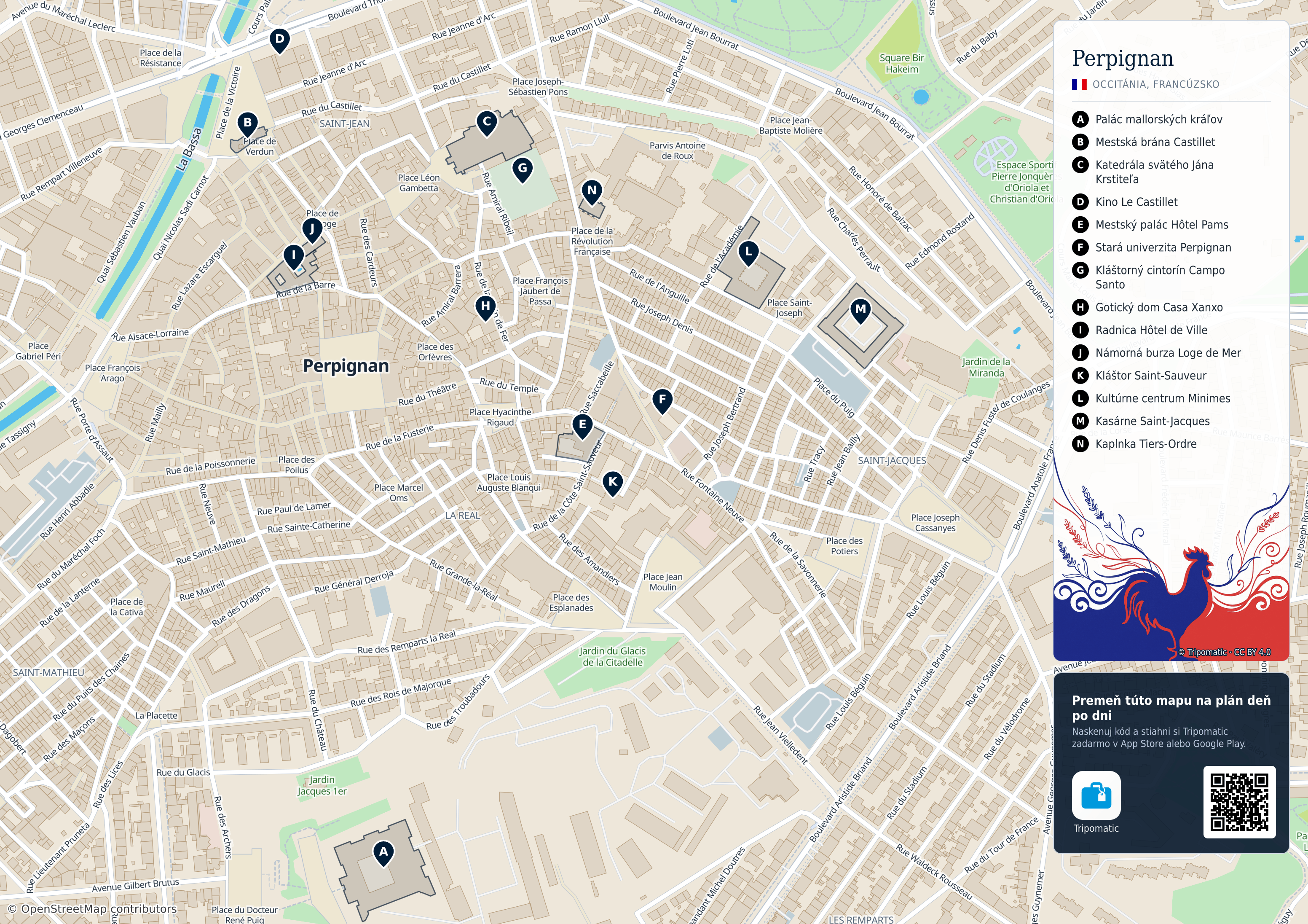 Perpignan – turistická mapa na vytlačenie s očíslovanými najlepšími atrakciami