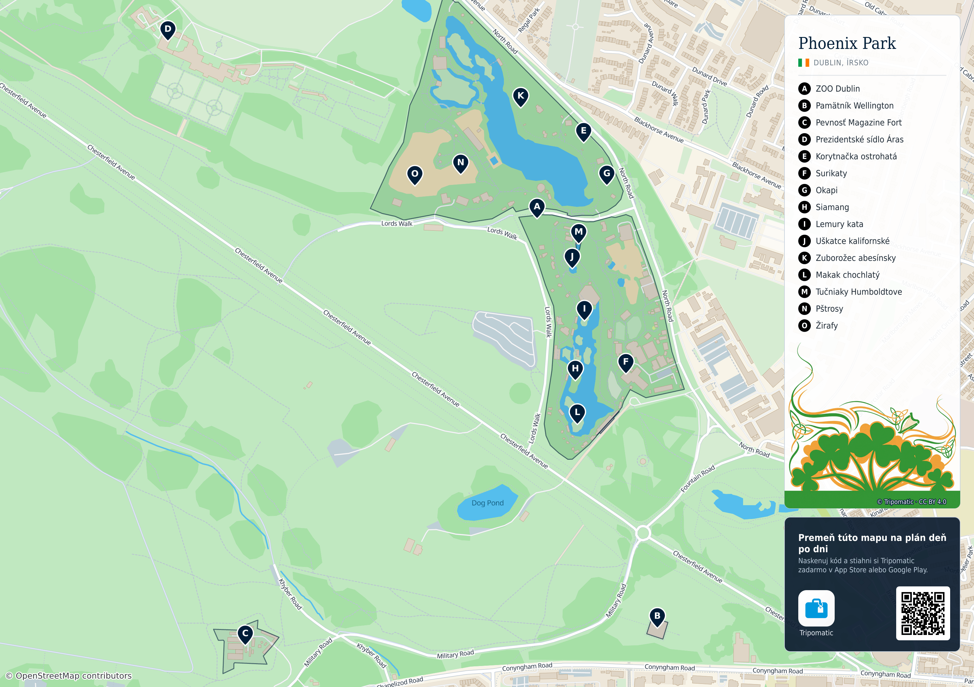 Phoenix Park – turistická mapa na vytlačenie s očíslovanými najlepšími atrakciami