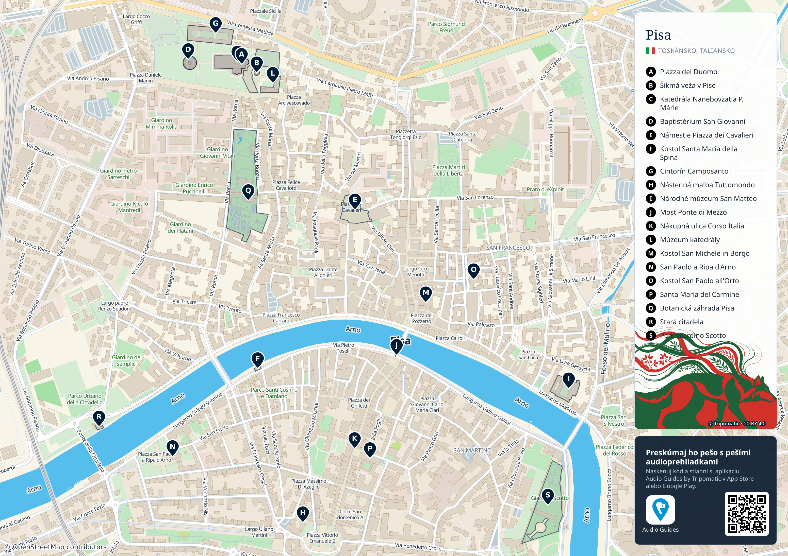 Pisa – turistická mapa na vytlačenie s očíslovanými najlepšími atrakciami
