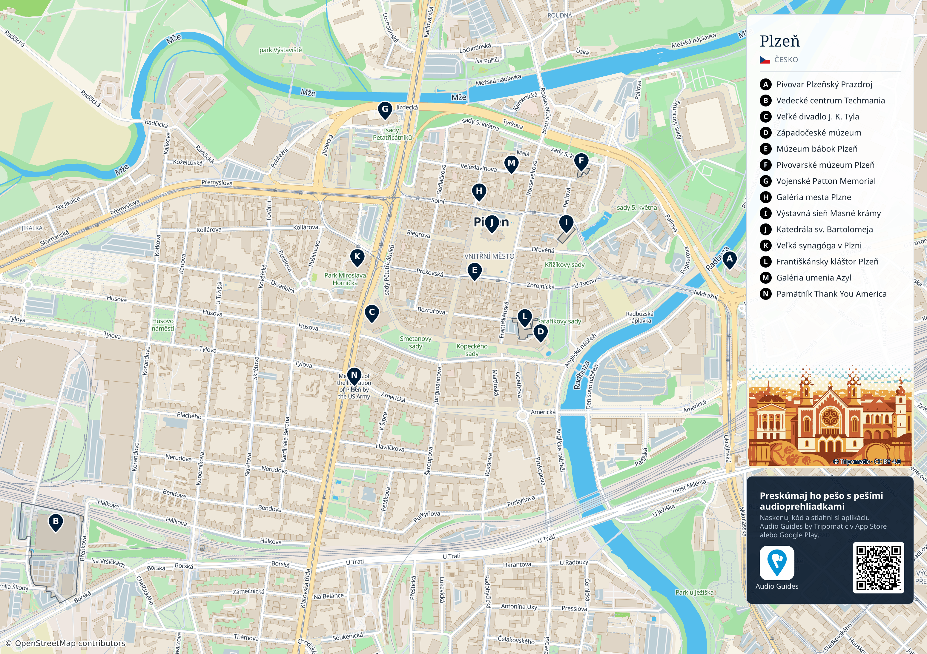Plzeň – turistická mapa na vytlačenie s očíslovanými najlepšími atrakciami