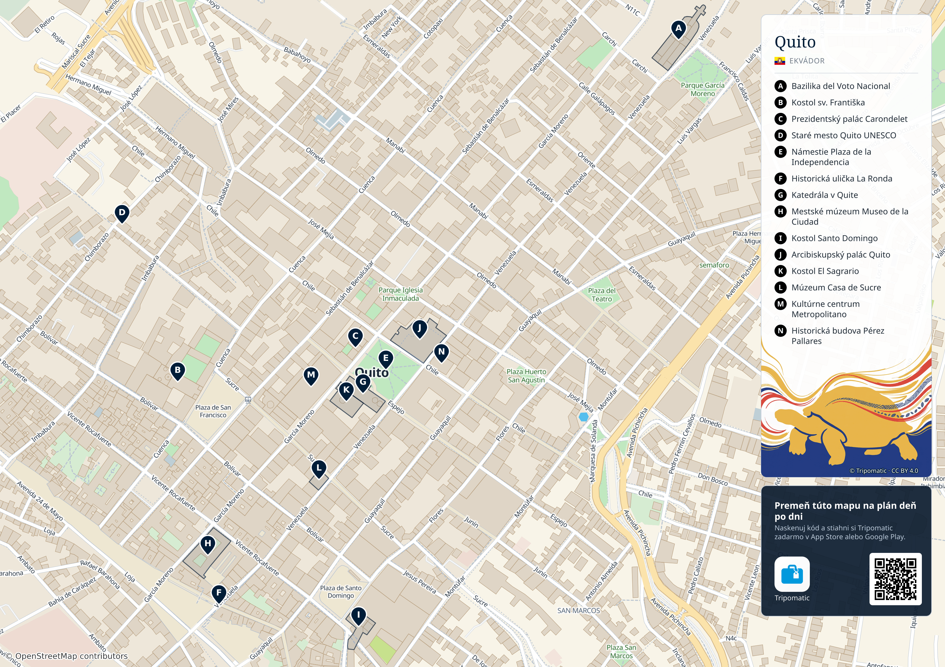 Quito – turistická mapa na vytlačenie s očíslovanými najlepšími atrakciami