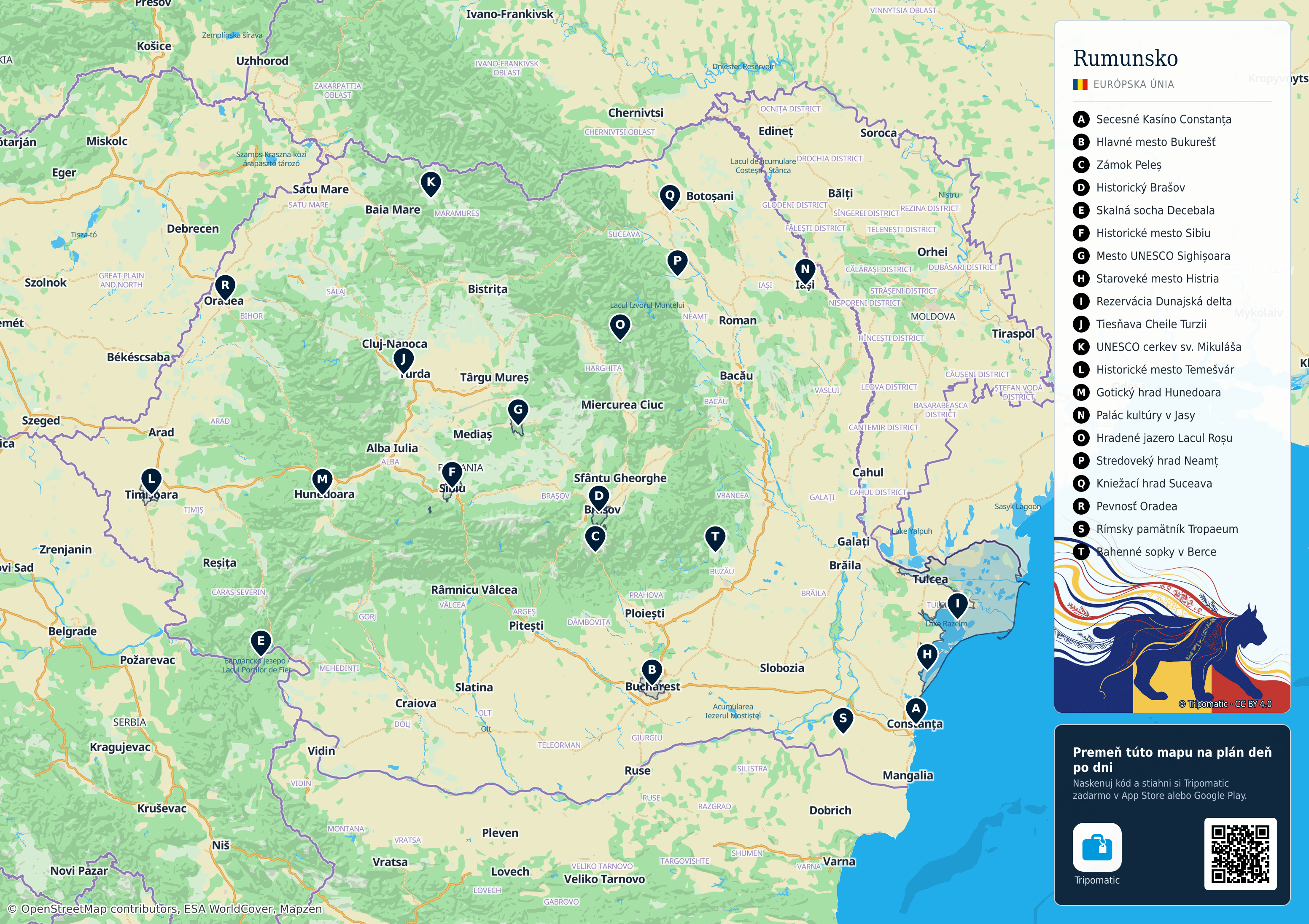 Rumunsko – turistická mapa na vytlačenie s očíslovanými najlepšími atrakciami