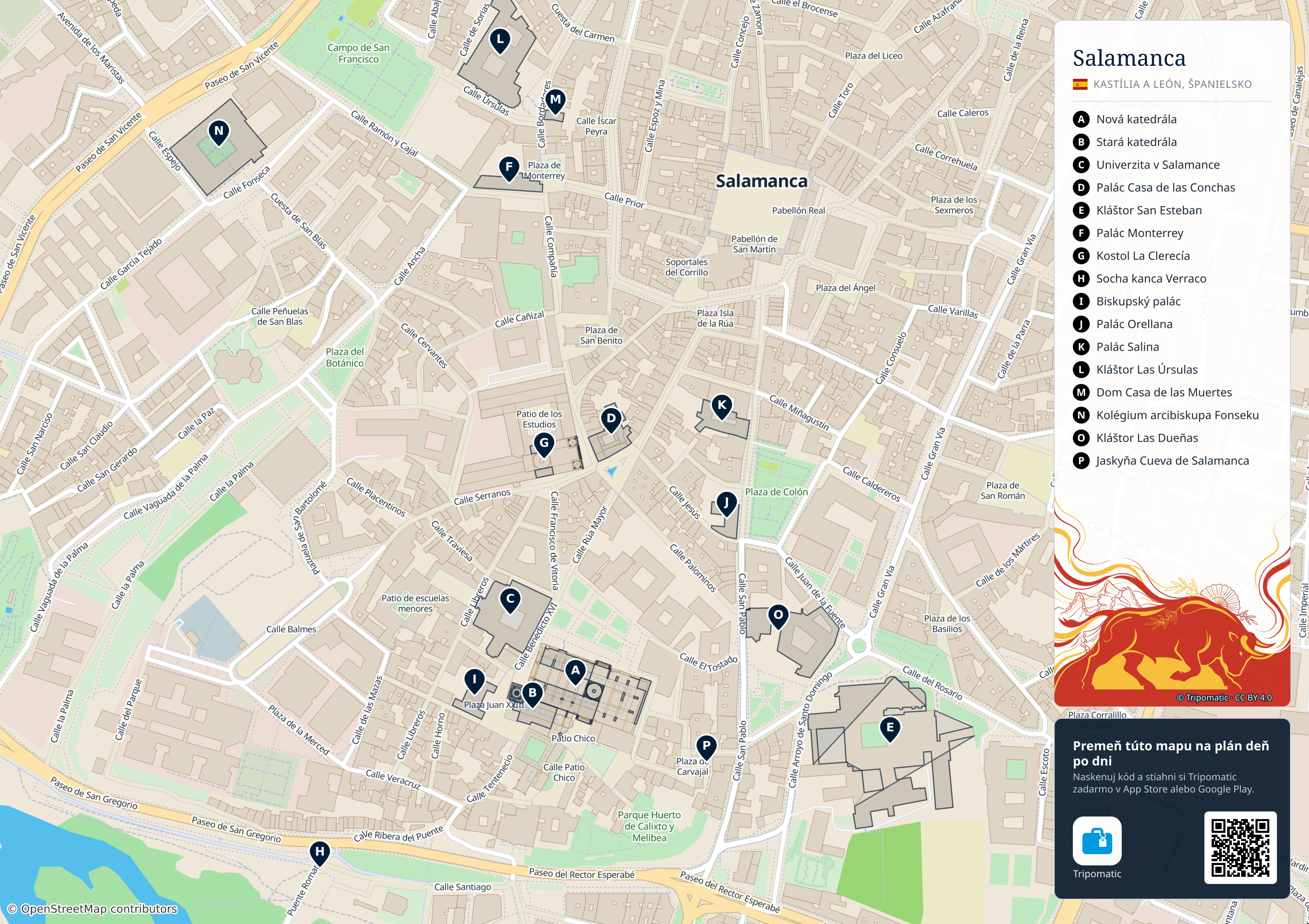 Salamanca – turistická mapa na vytlačenie s očíslovanými najlepšími atrakciami