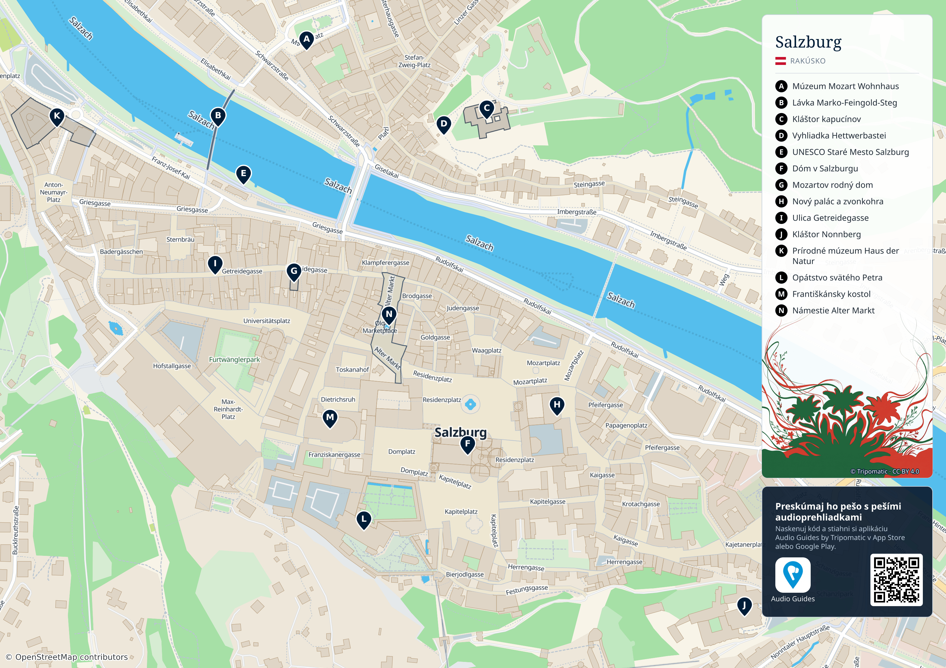 Salzburg – turistická mapa na vytlačenie s očíslovanými najlepšími atrakciami