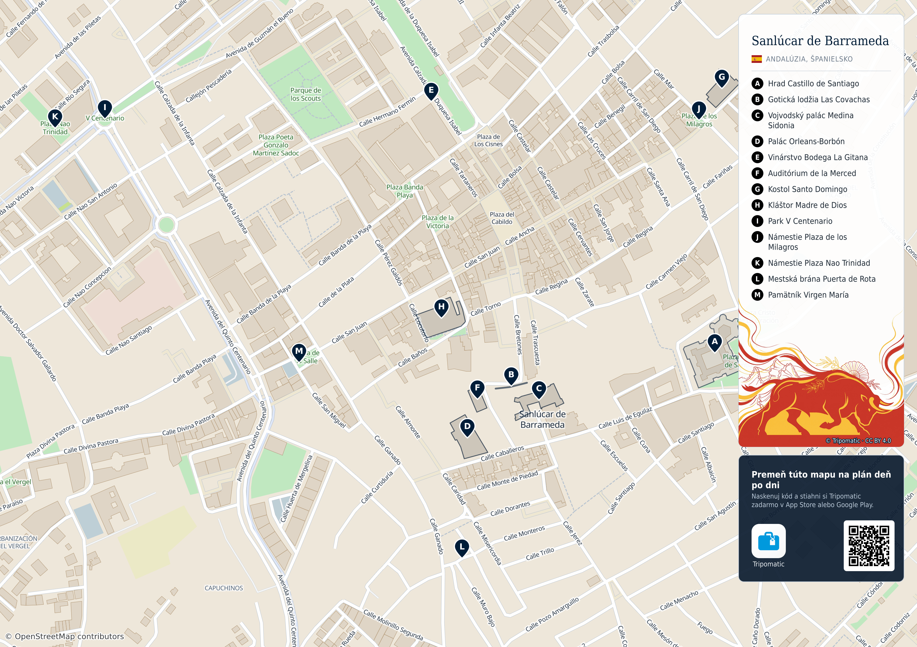 Sanlúcar de Barrameda – turistická mapa na vytlačenie s očíslovanými najlepšími atrakciami