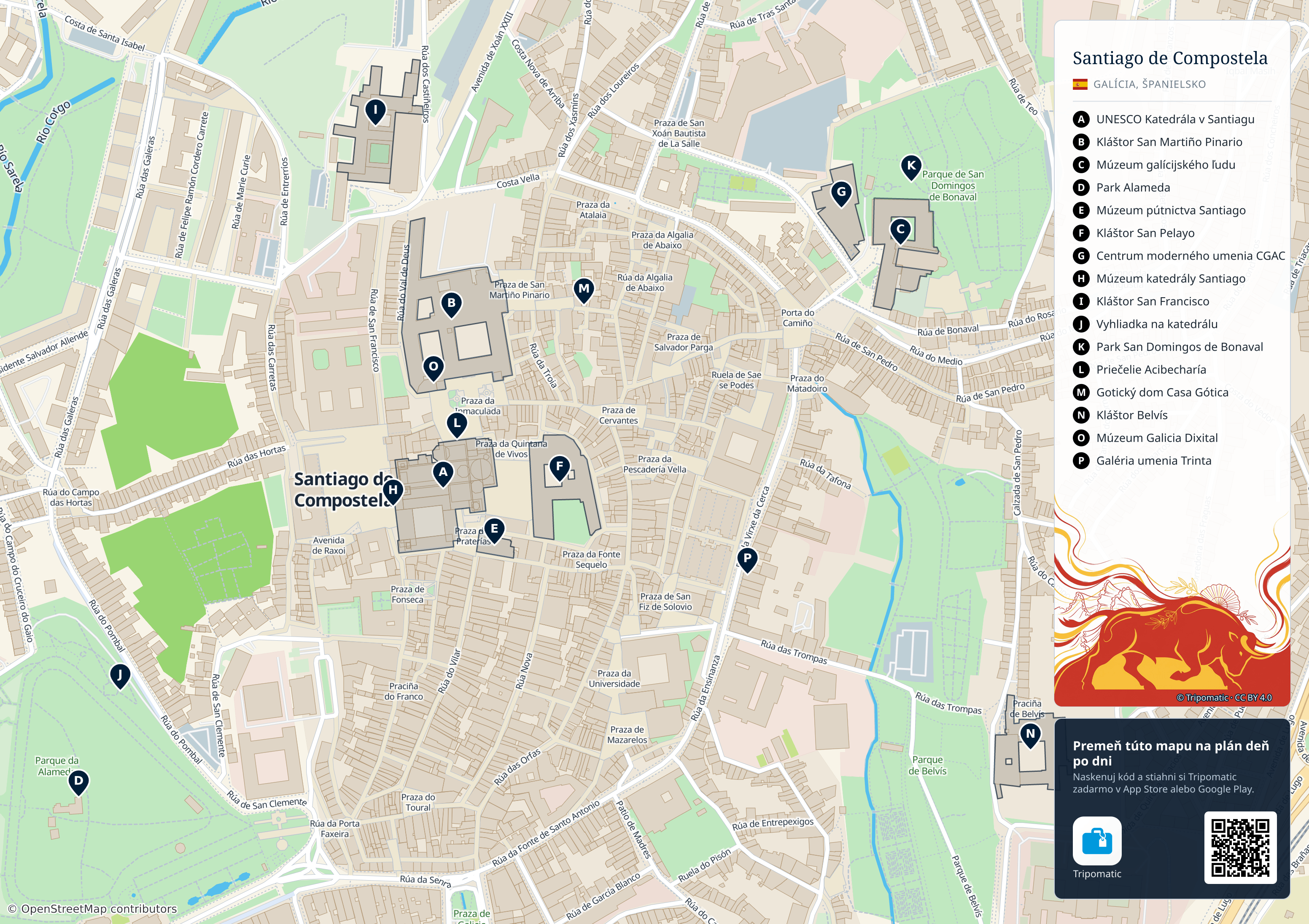 Santiago de Compostela – turistická mapa na vytlačenie s očíslovanými najlepšími atrakciami