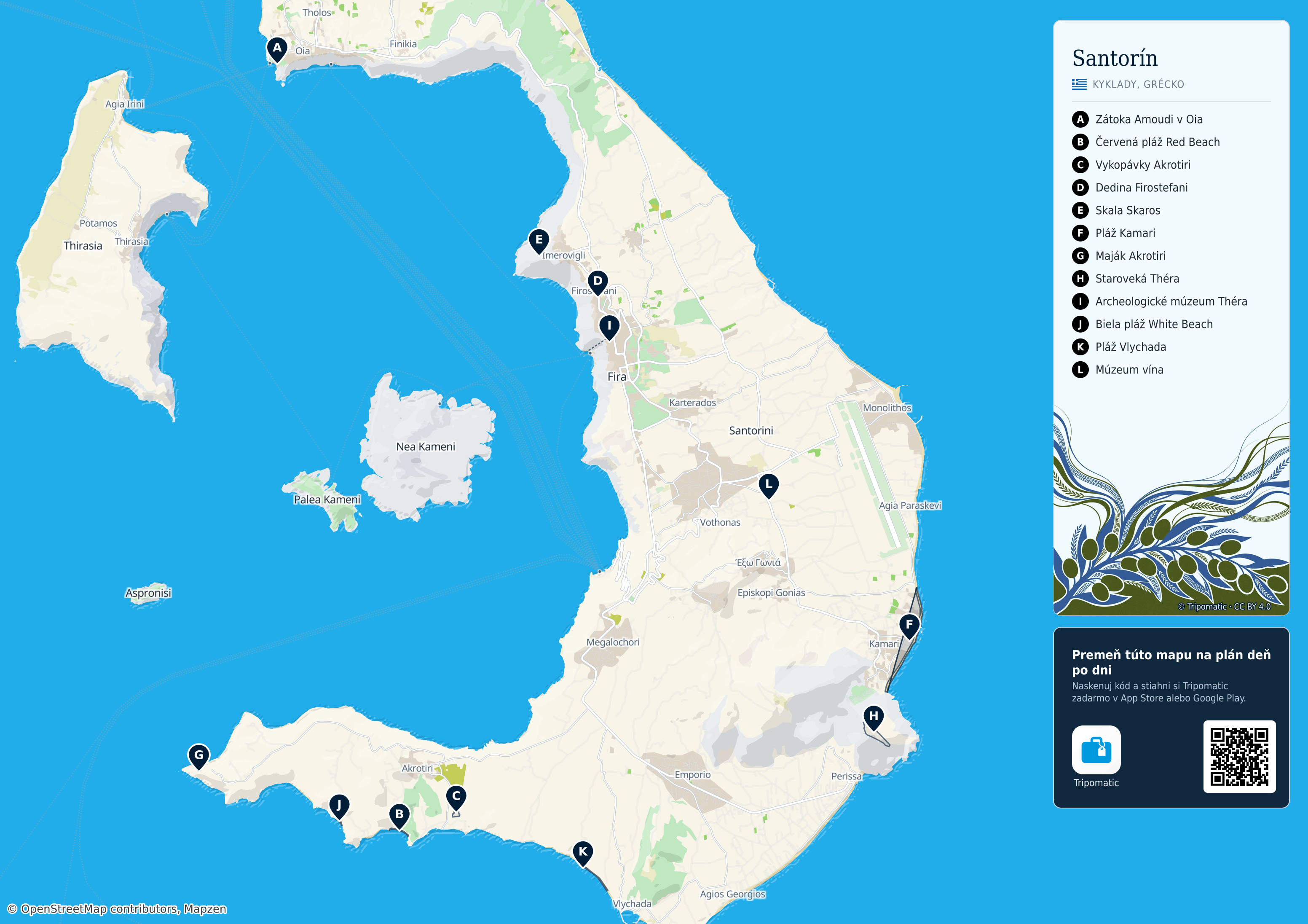 Santorín – turistická mapa na vytlačenie s očíslovanými najlepšími atrakciami