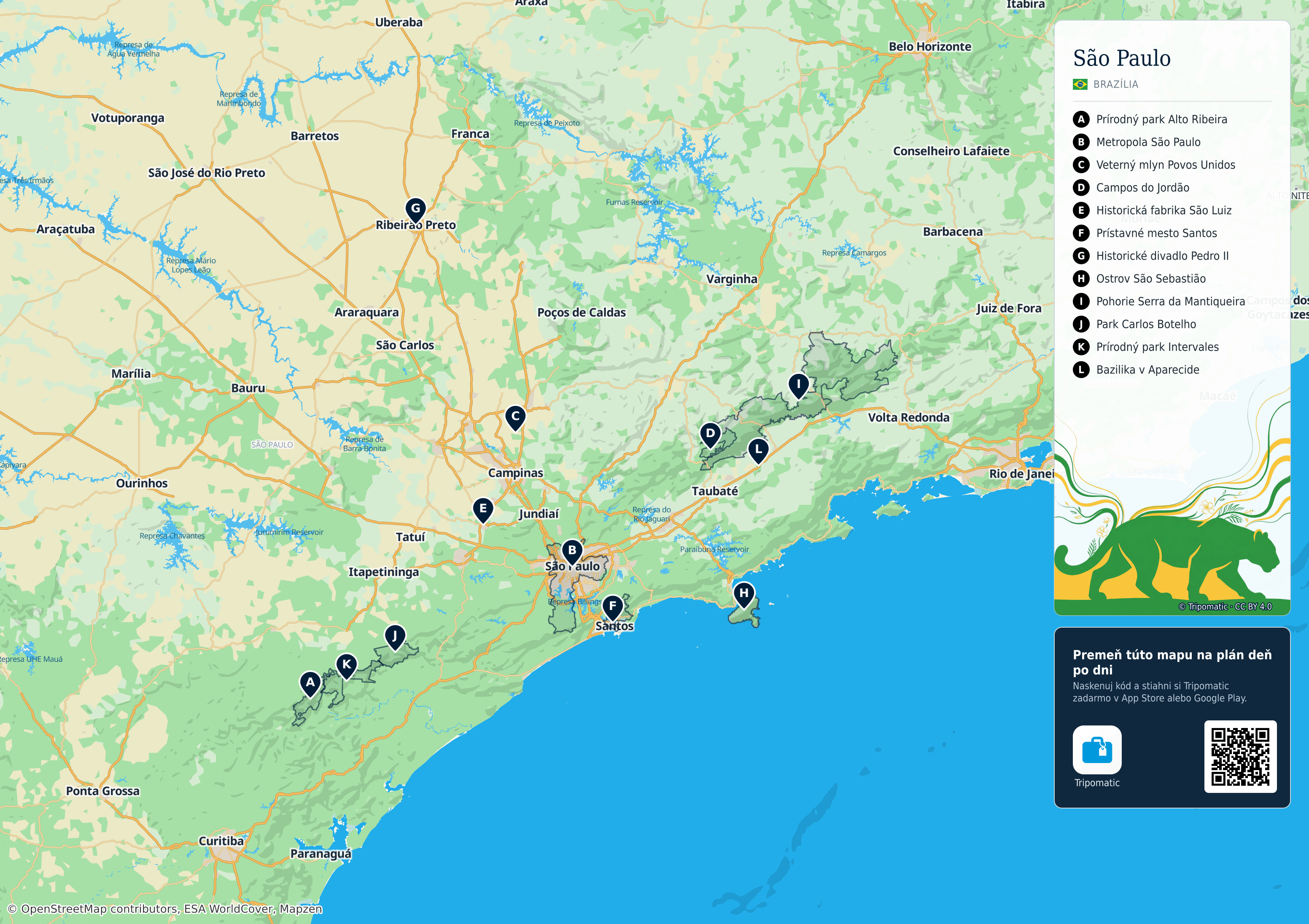 São Paulo – turistická mapa na vytlačenie s očíslovanými najlepšími atrakciami