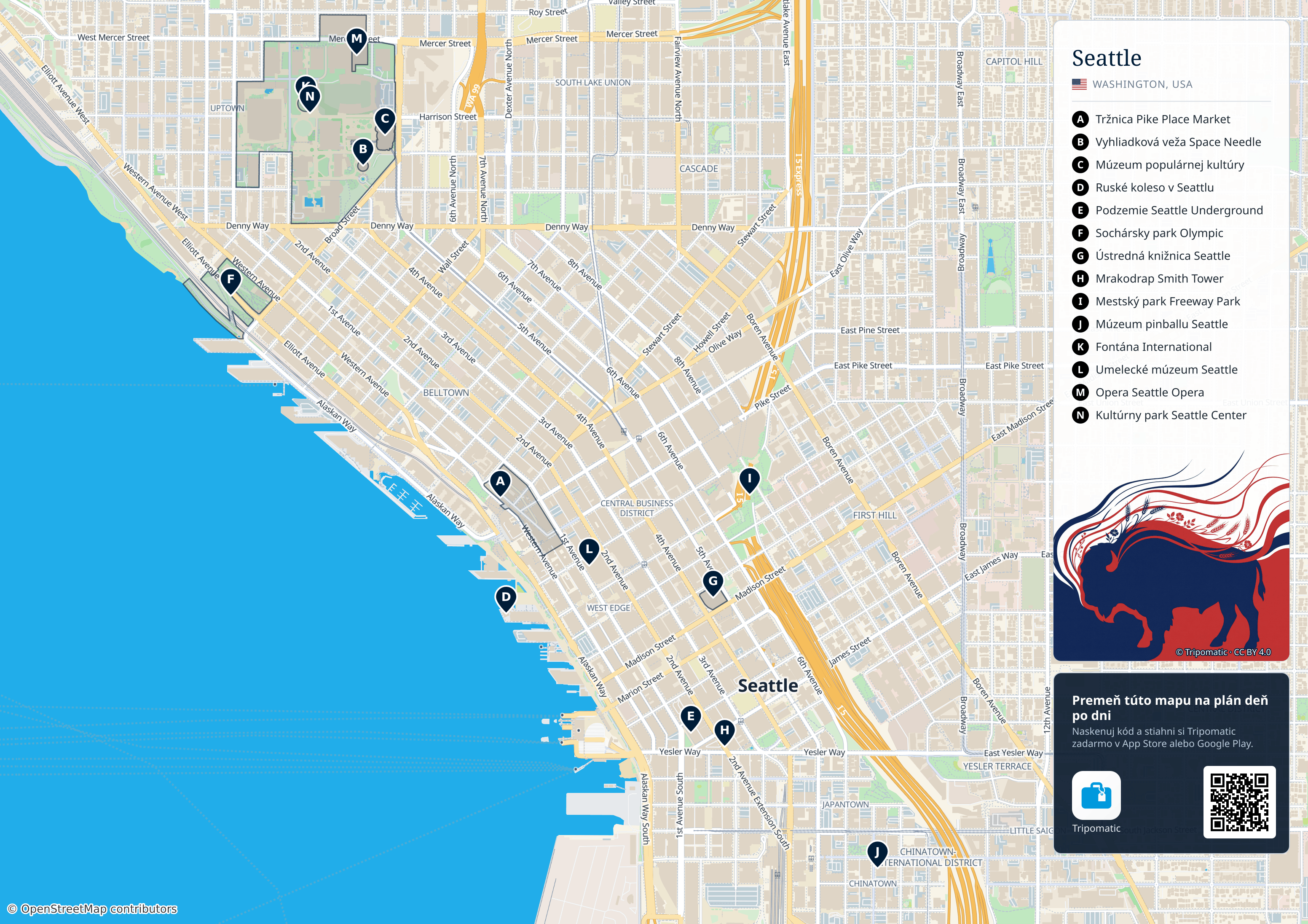 Seattle – turistická mapa na vytlačenie s očíslovanými najlepšími atrakciami