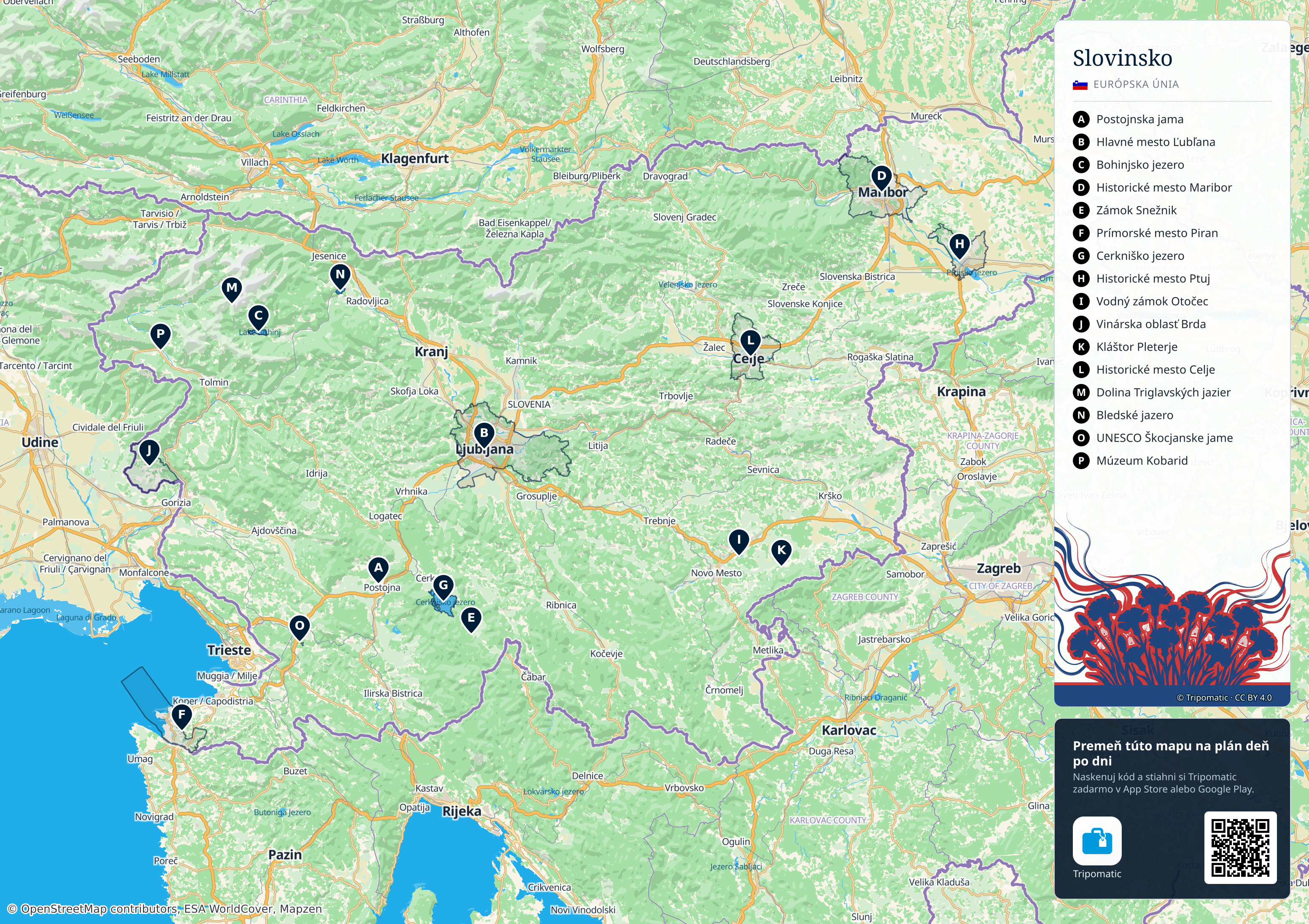 Slovinsko – turistická mapa na vytlačenie s očíslovanými najlepšími atrakciami