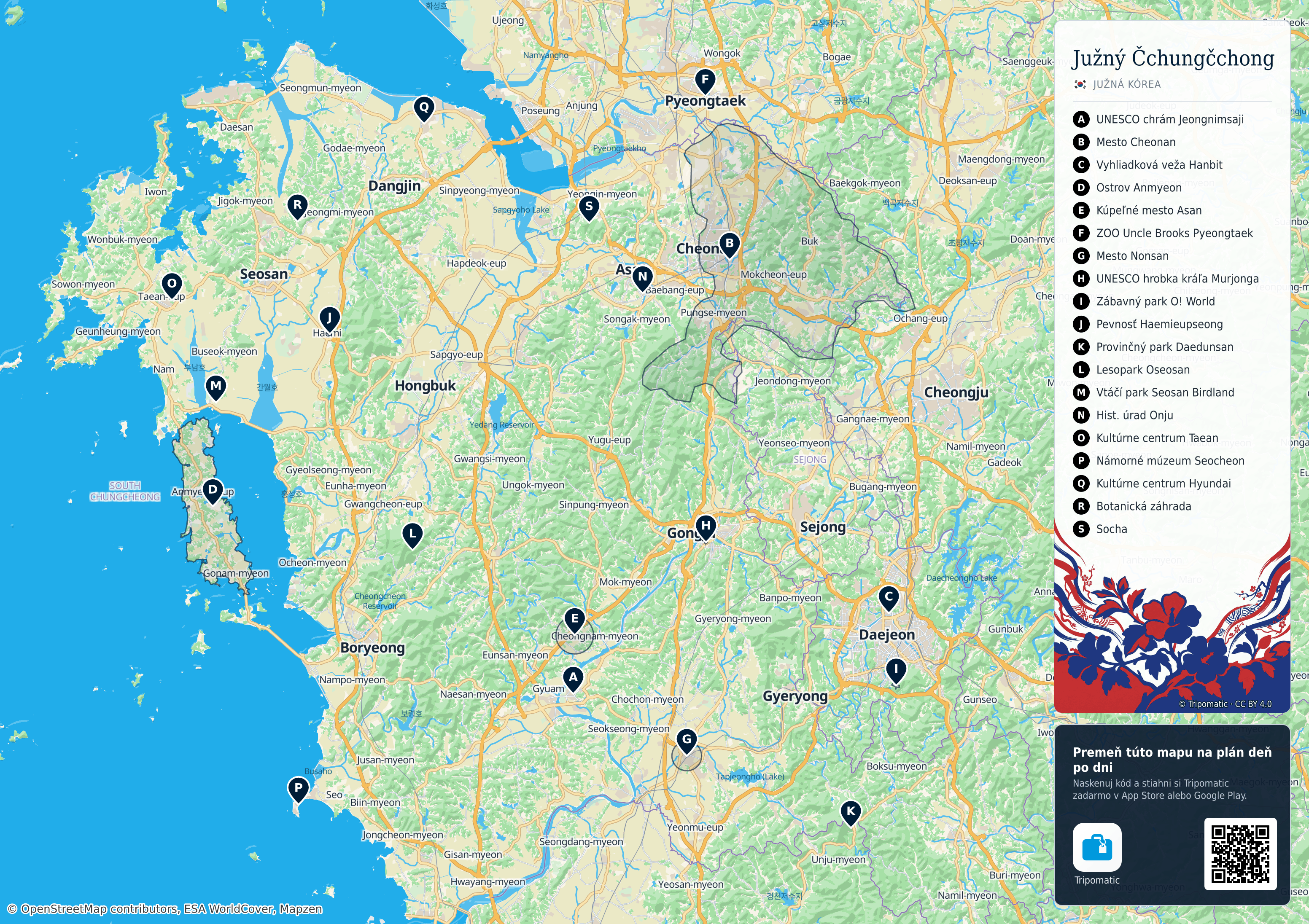 Južný Čchungčchong – turistická mapa na vytlačenie s očíslovanými najlepšími atrakciami