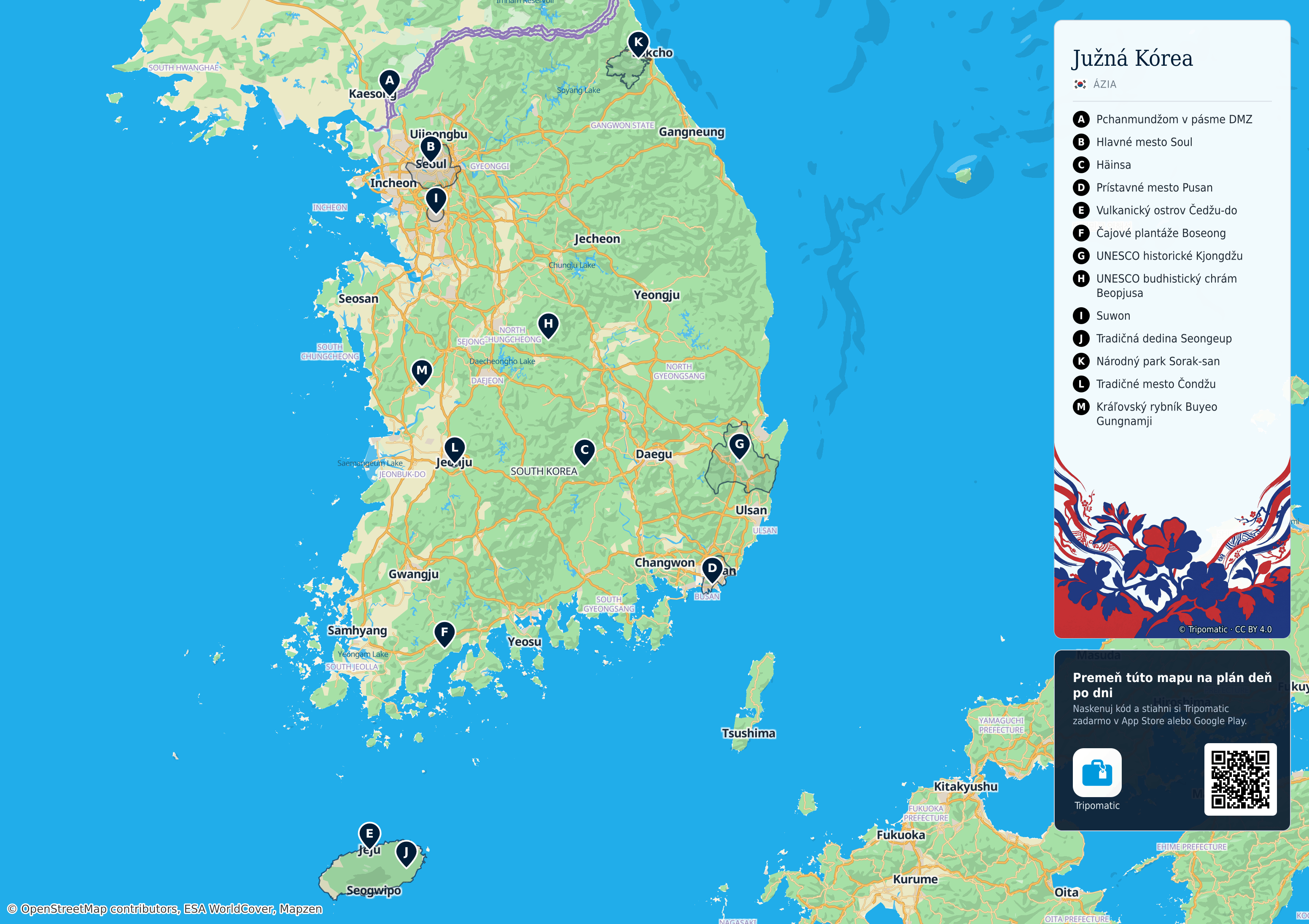 Južná Kórea – turistická mapa na vytlačenie s očíslovanými najlepšími atrakciami