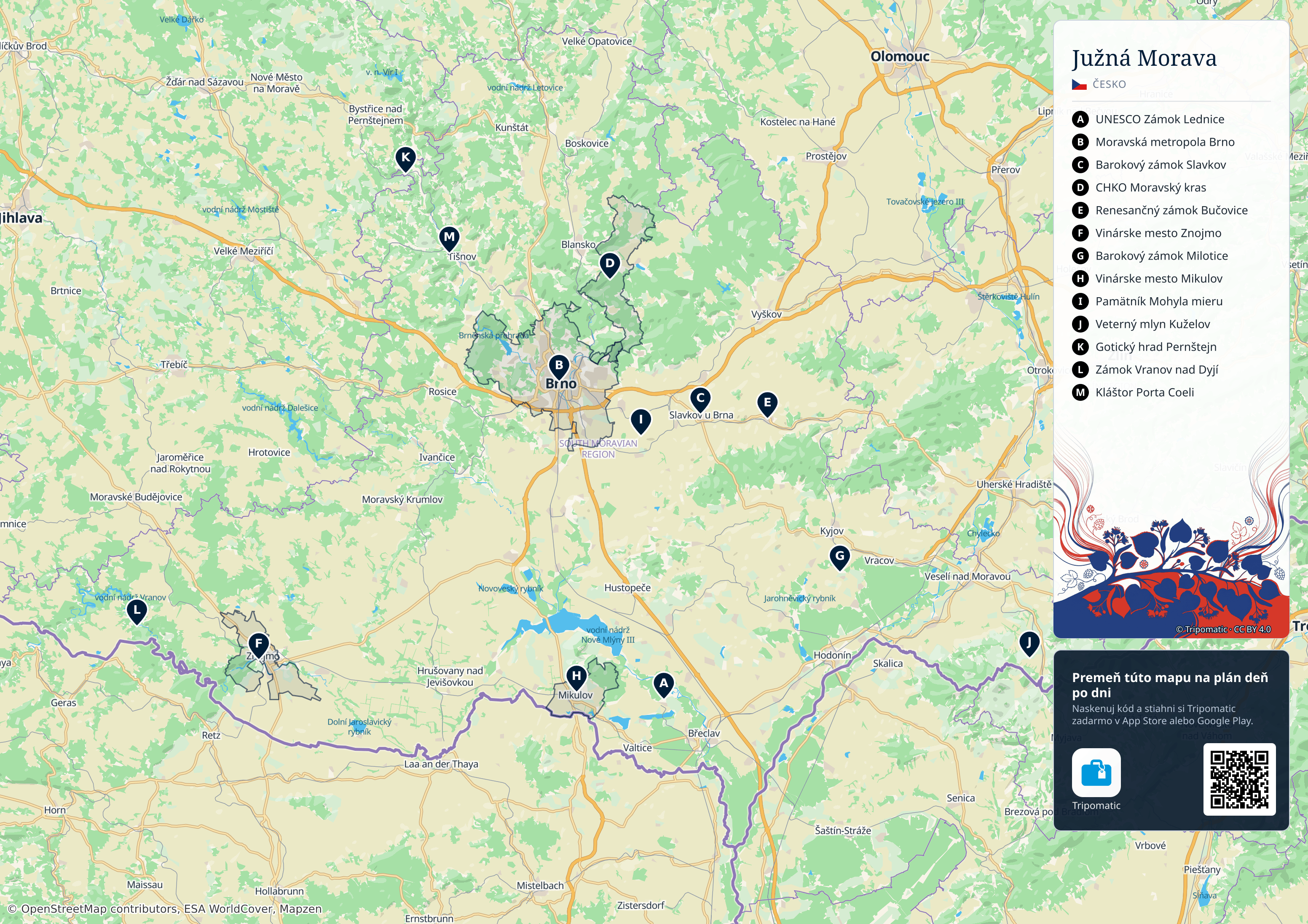 South Moravian Region – turistická mapa na vytlačenie s očíslovanými najlepšími atrakciami