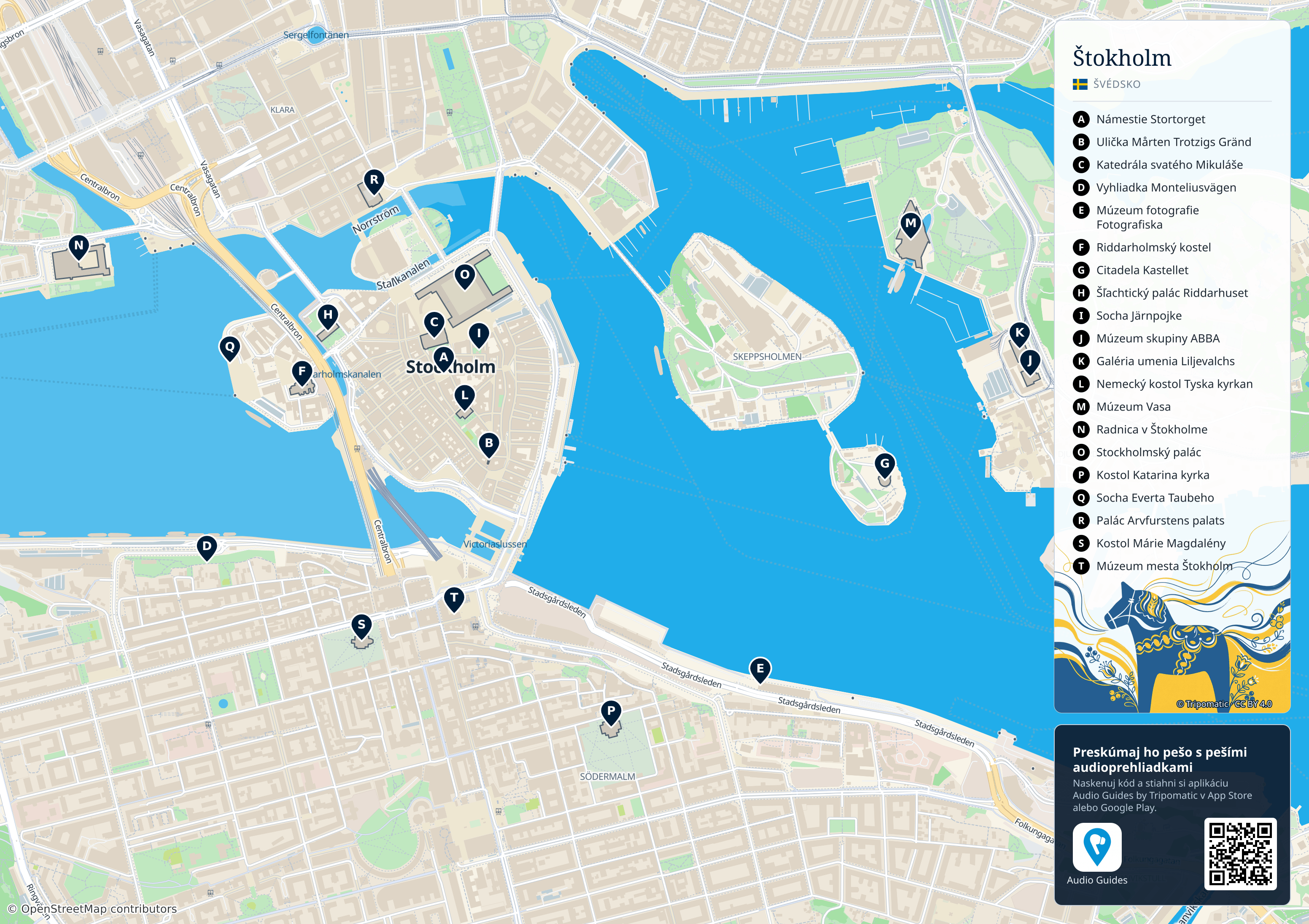 Štokholm – turistická mapa na vytlačenie s očíslovanými najlepšími atrakciami