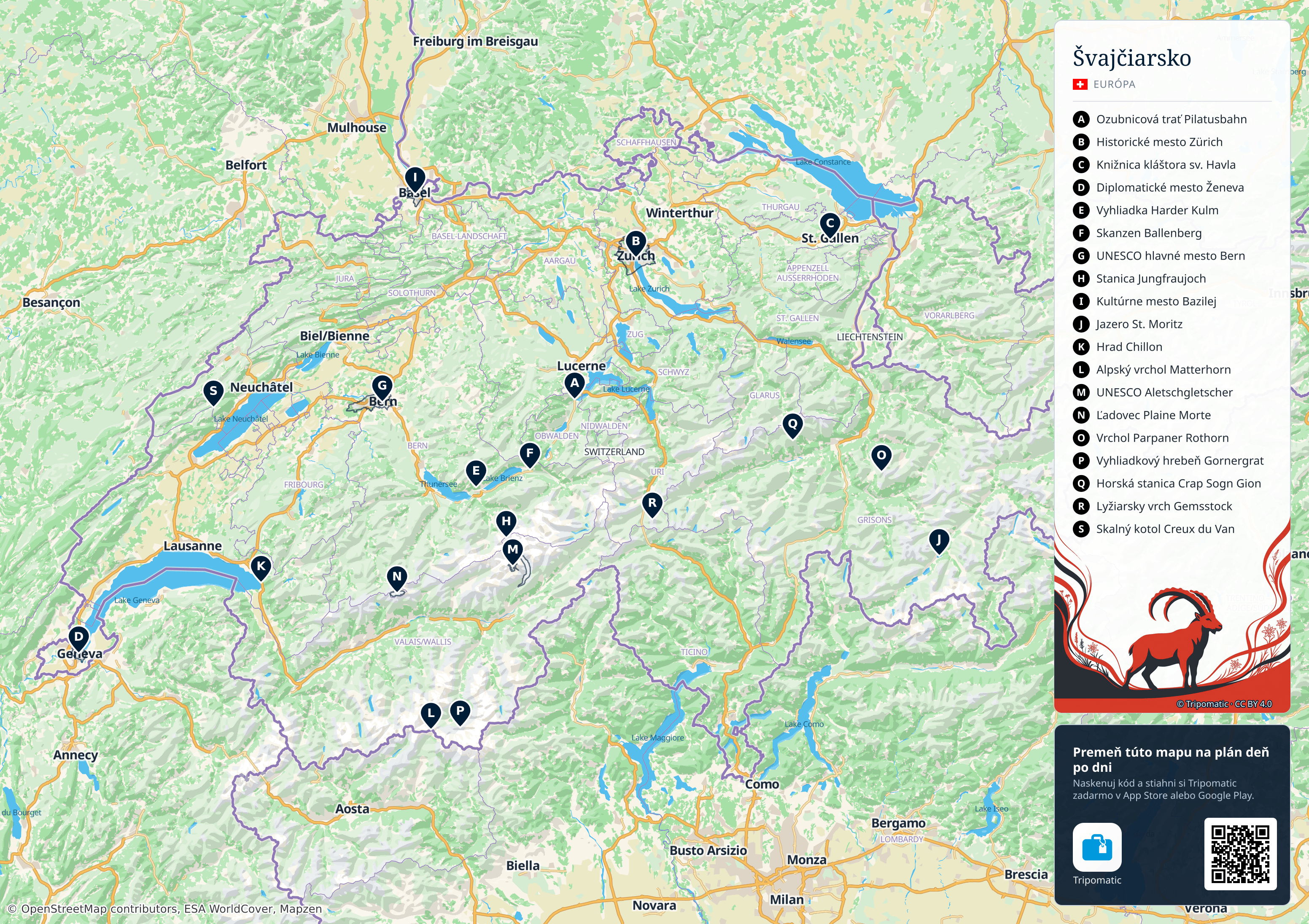 Switzerland – turistická mapa na vytlačenie s očíslovanými najlepšími atrakciami
