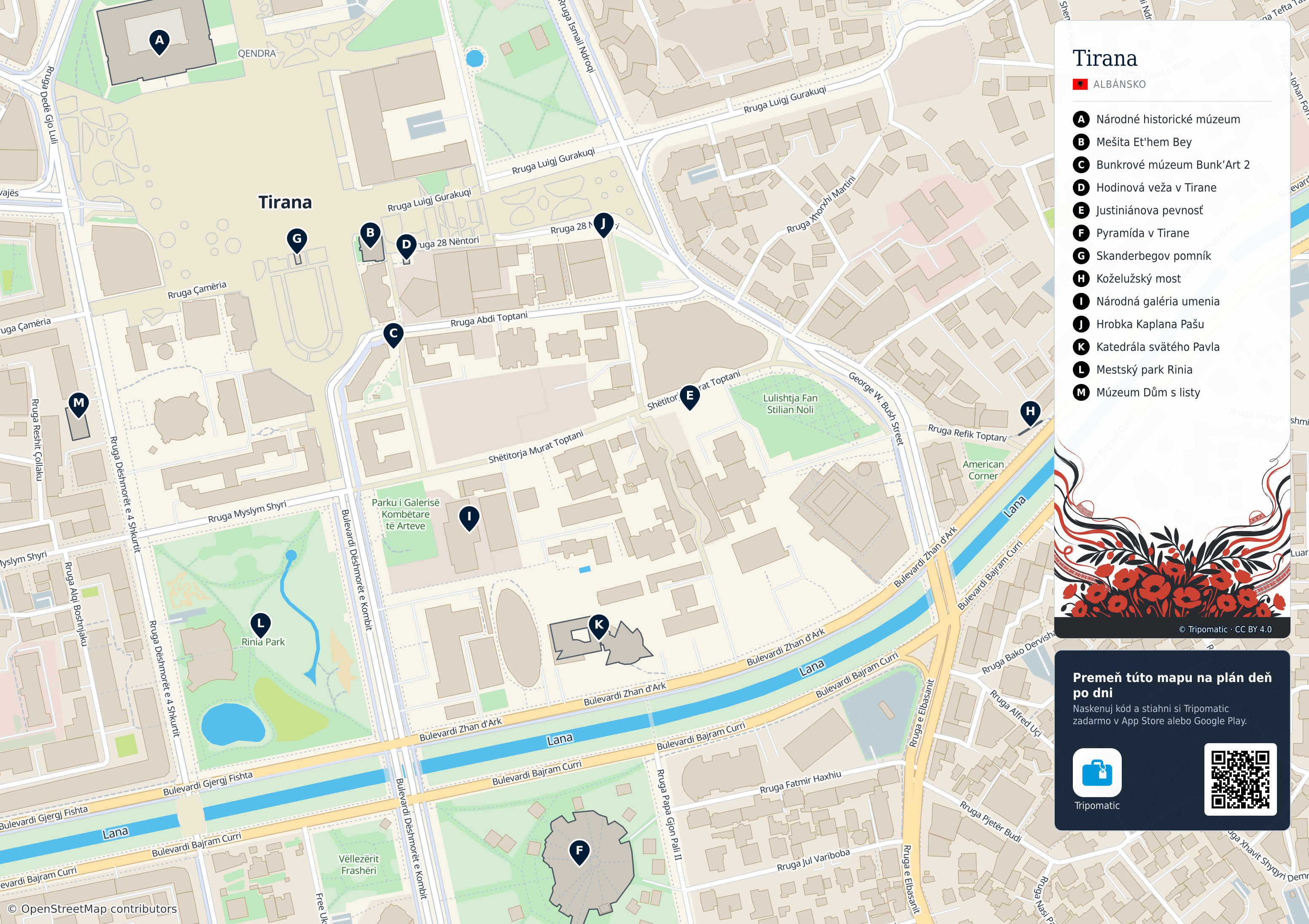 Tirana – turistická mapa na vytlačenie s očíslovanými najlepšími atrakciami