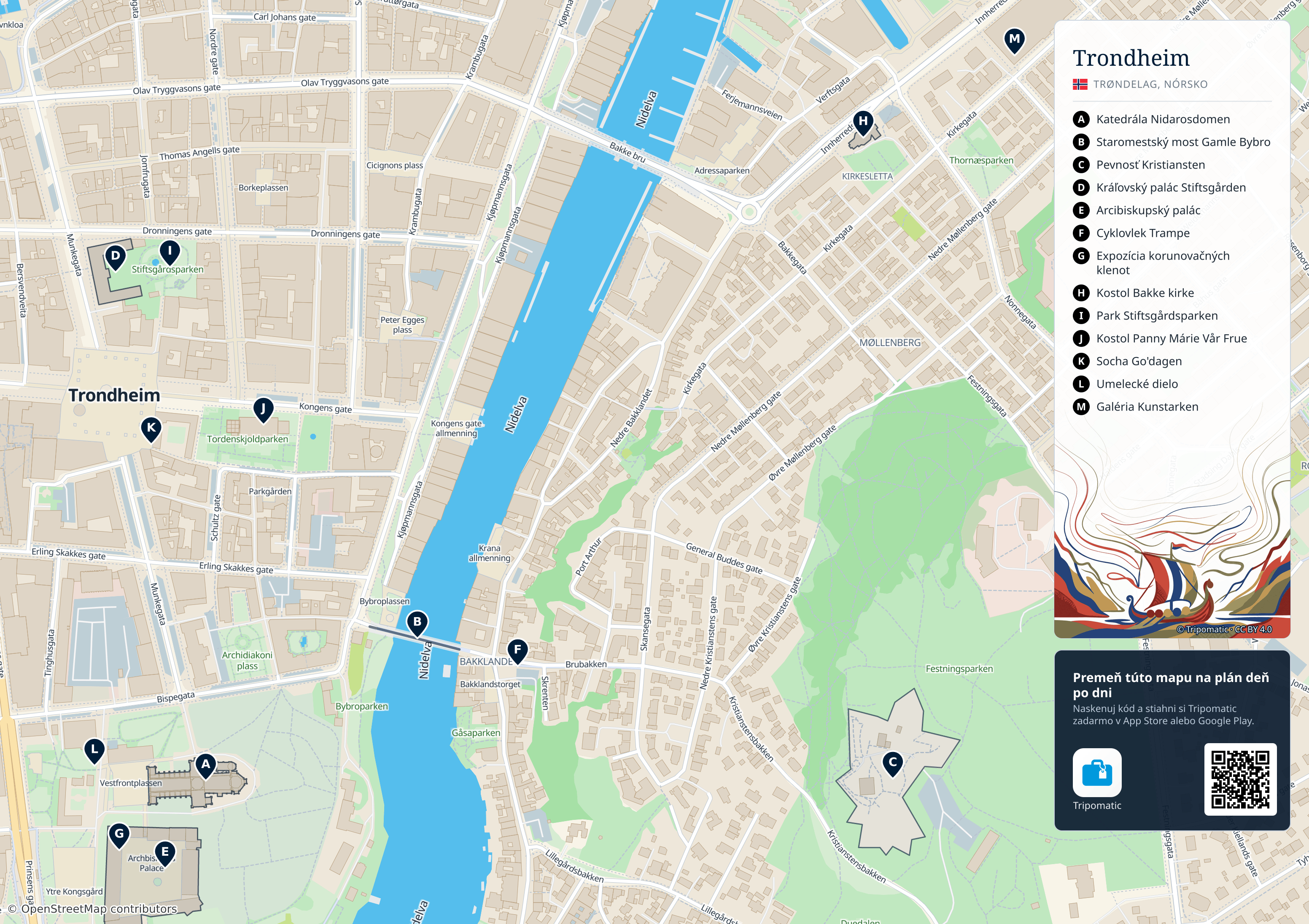Trondheim – turistická mapa na vytlačenie s očíslovanými najlepšími atrakciami