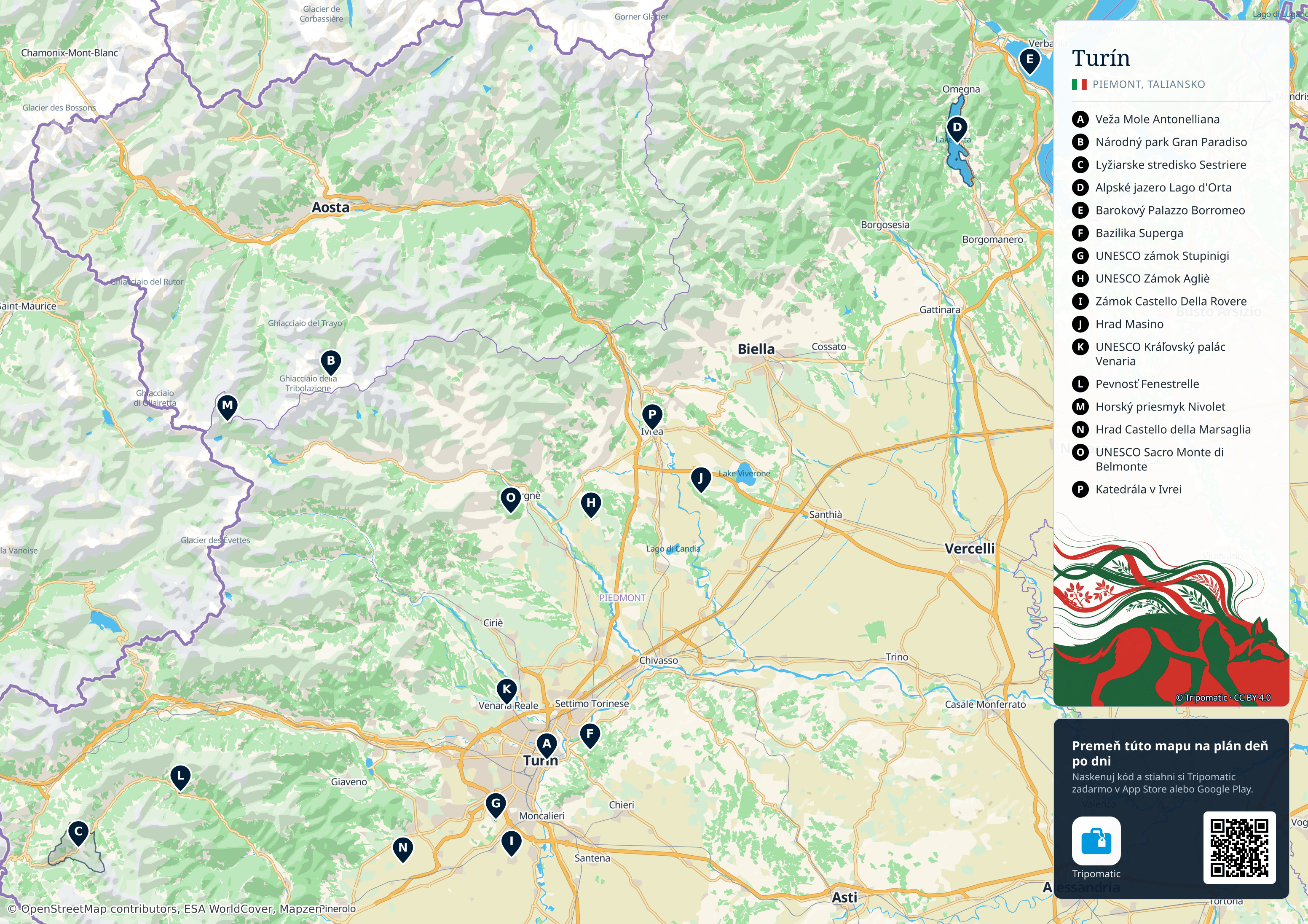 Turín – turistická mapa na vytlačenie s očíslovanými najlepšími atrakciami