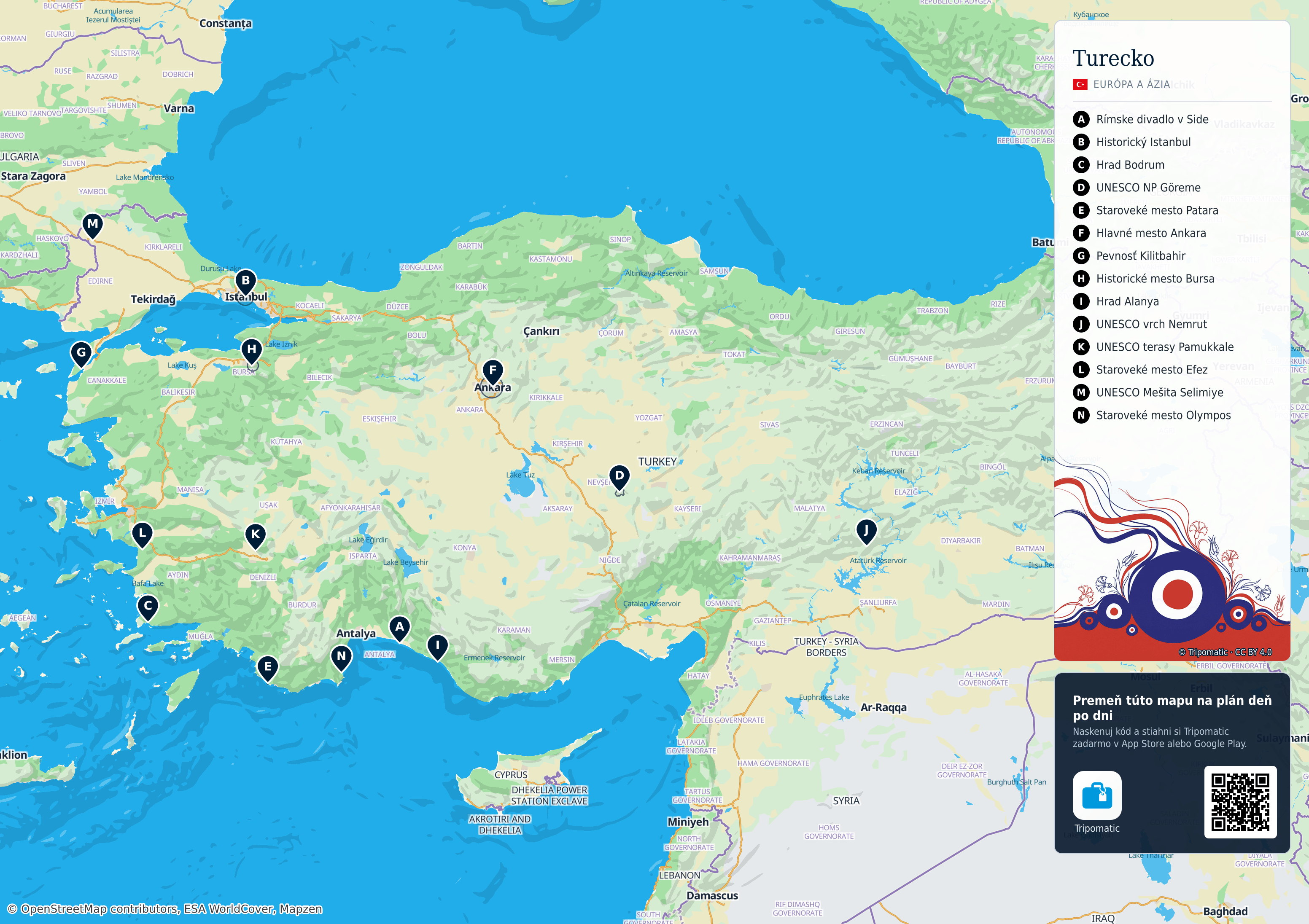 Turecko – turistická mapa na vytlačenie s očíslovanými najlepšími atrakciami