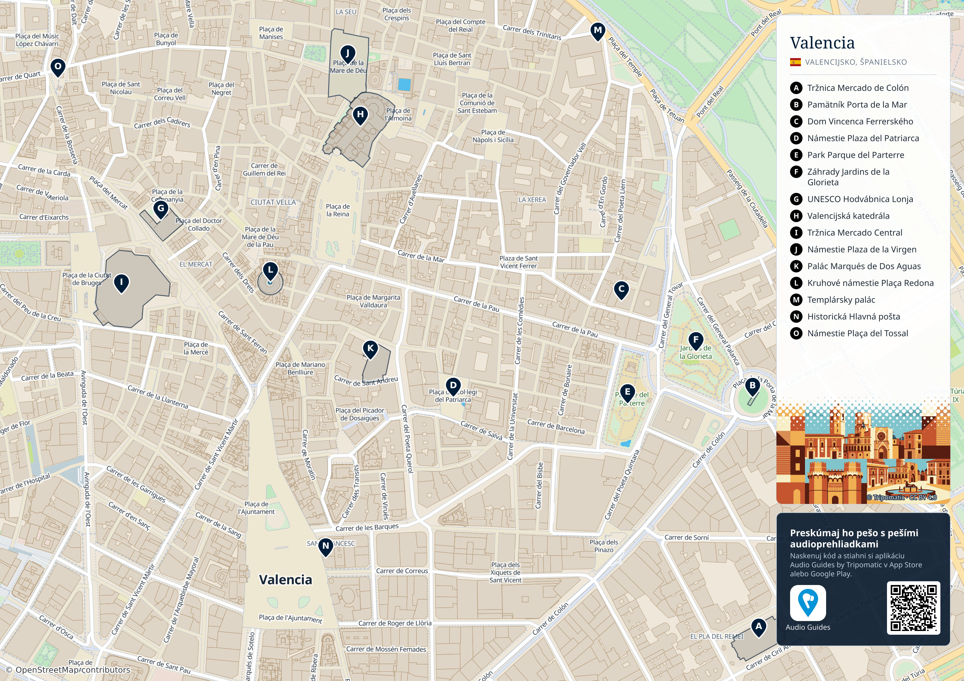 Valencia – turistická mapa na vytlačenie s očíslovanými najlepšími atrakciami
