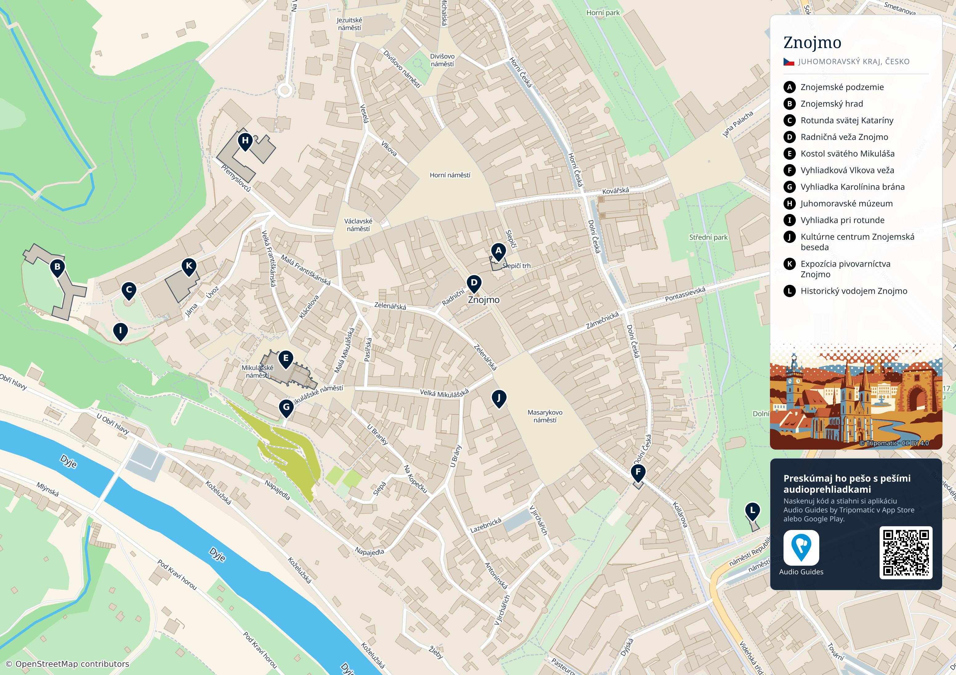 Znojmo – turistická mapa na vytlačenie s očíslovanými najlepšími atrakciami