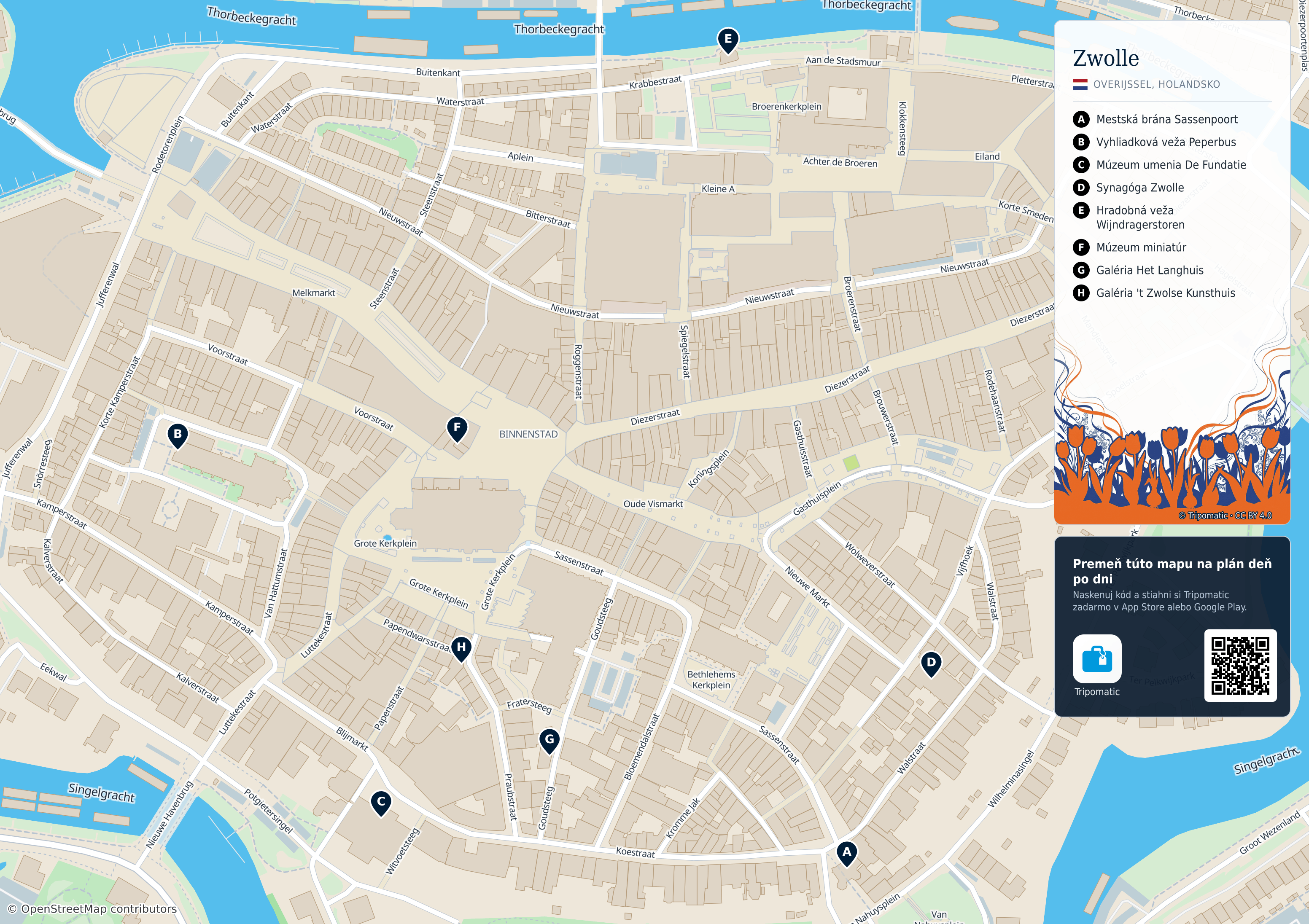 Zwolle – turistická mapa na vytlačenie s očíslovanými najlepšími atrakciami