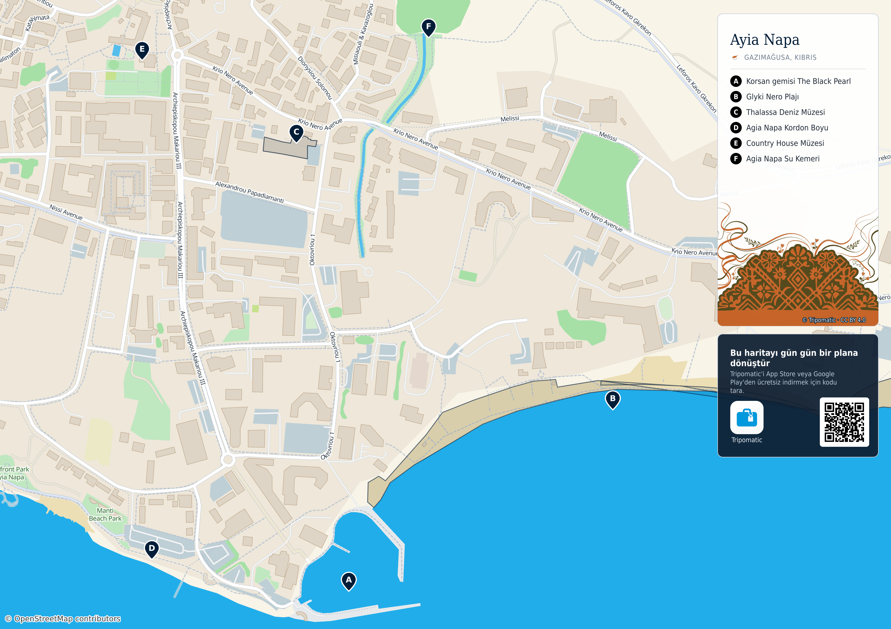 Ayia Napa – numaralandırılmış popüler turistik yerleri gösteren yazdırılabilir turist haritası