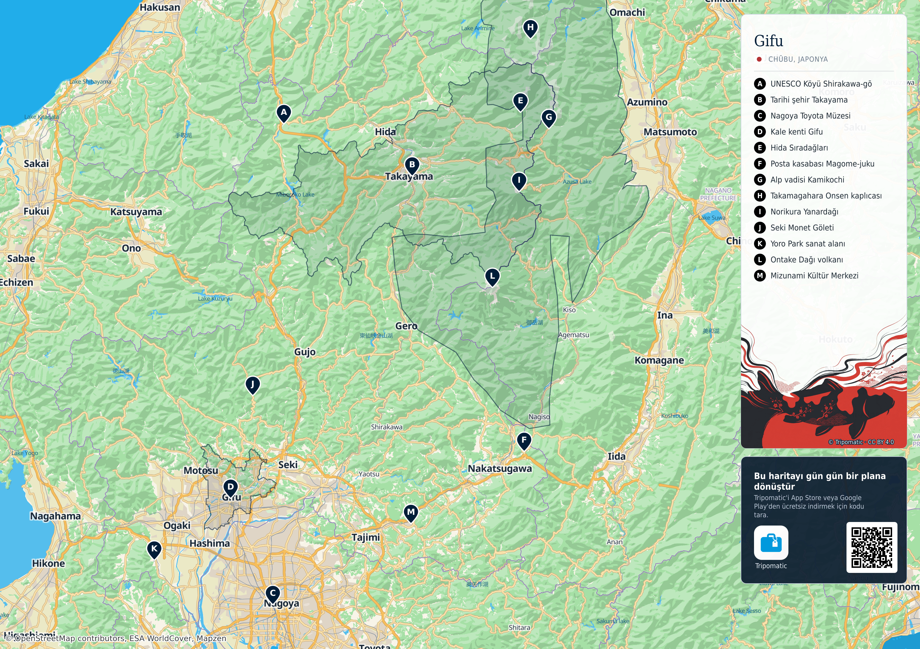 Gifu İli – numaralandırılmış popüler turistik yerleri gösteren yazdırılabilir turist haritası