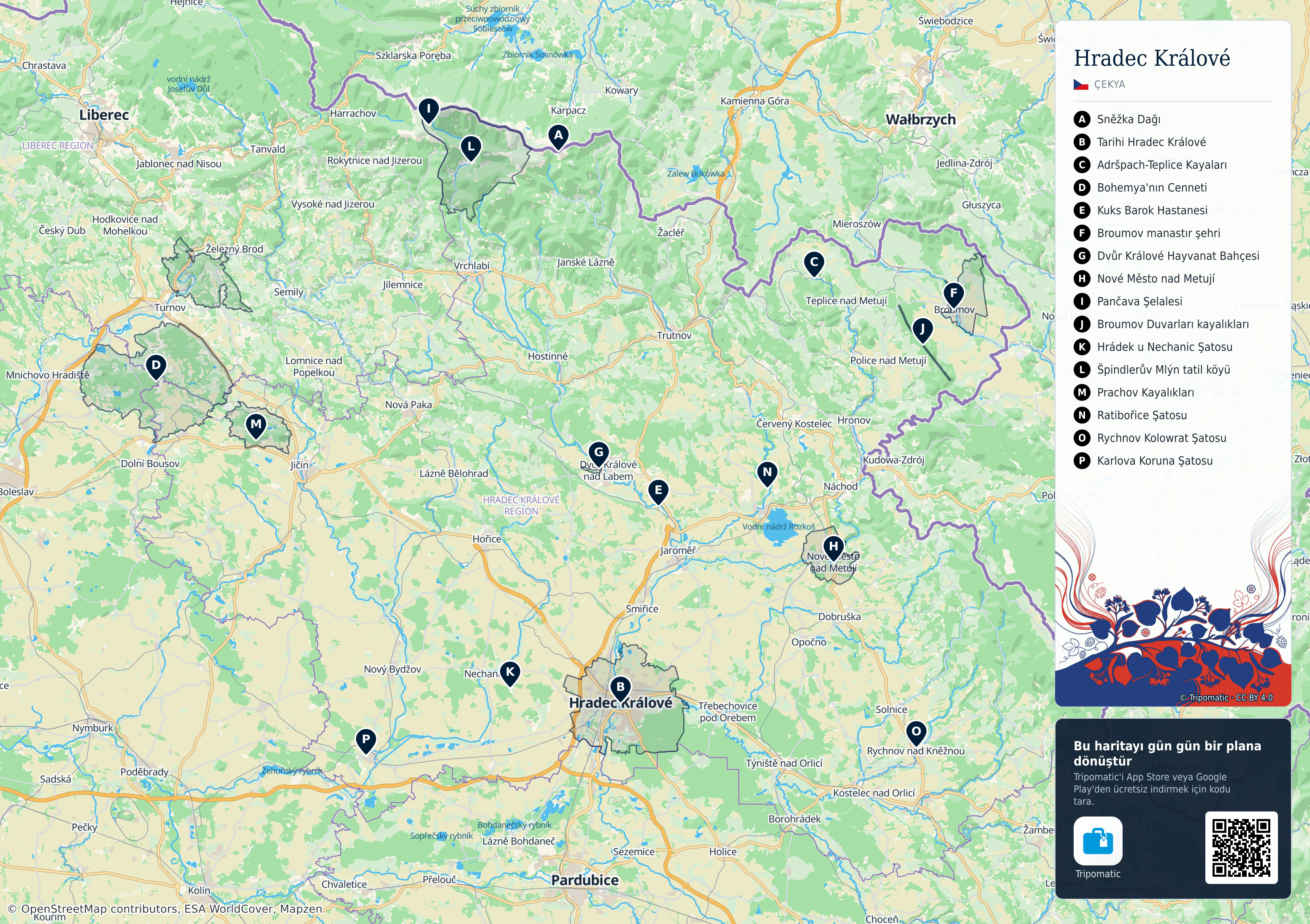 Hradec Králové ili – numaralandırılmış popüler turistik yerleri gösteren yazdırılabilir turist haritası