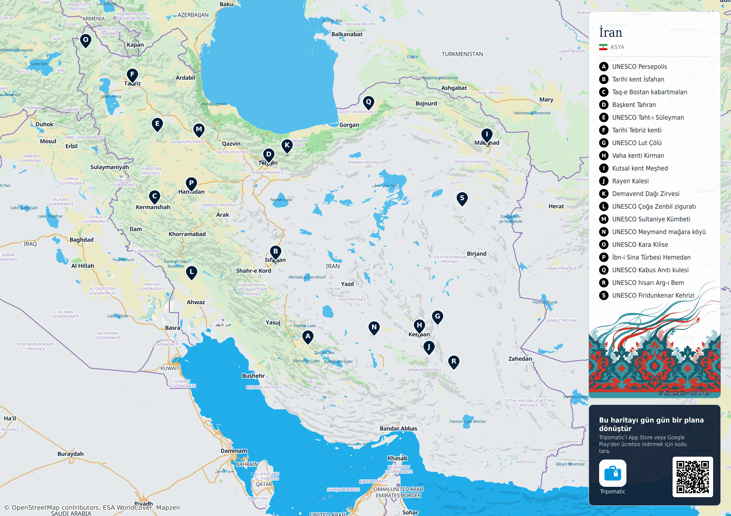 İran – numaralandırılmış popüler turistik yerleri gösteren yazdırılabilir turist haritası