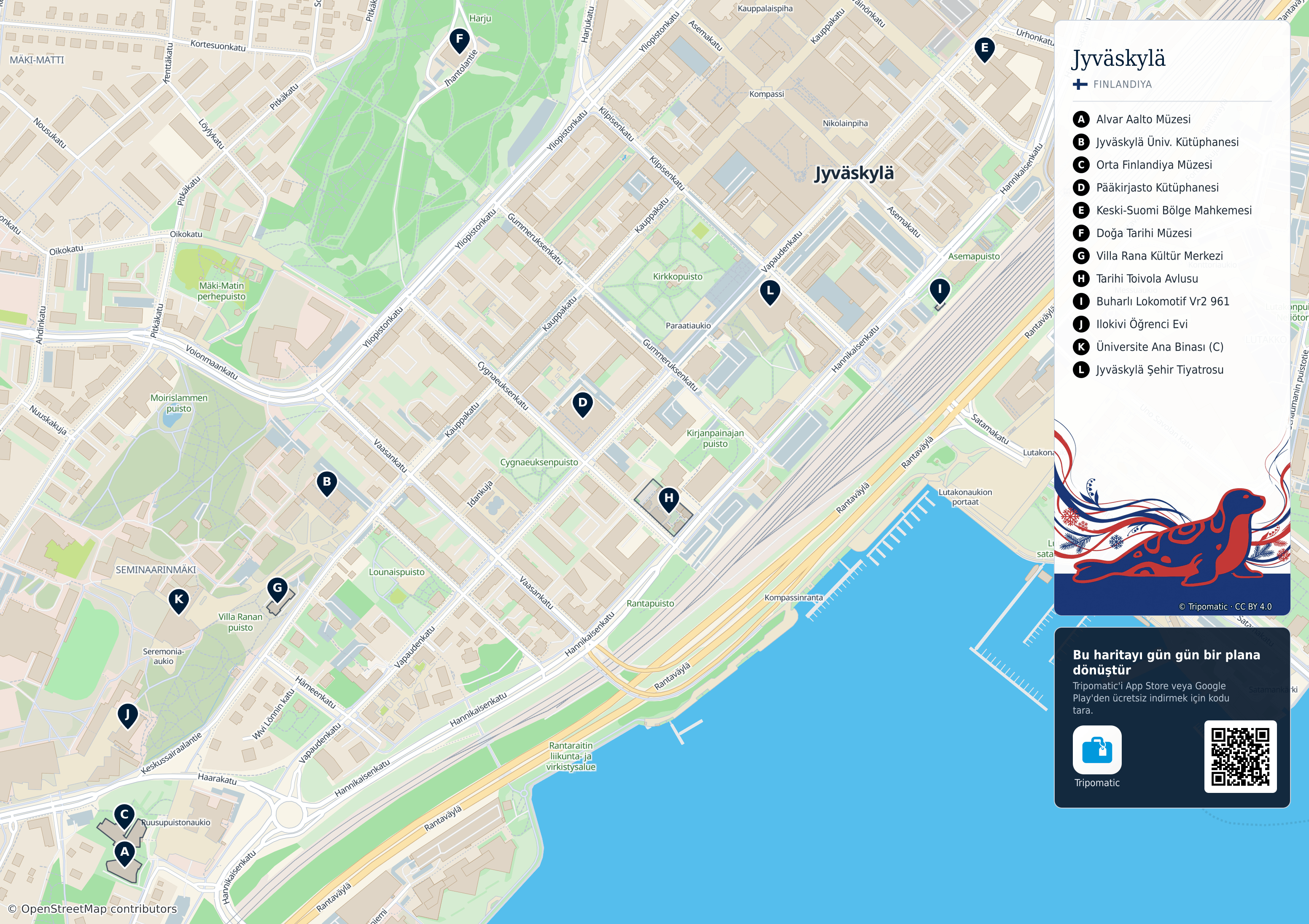 Jyväskylä – numaralandırılmış popüler turistik yerleri gösteren yazdırılabilir turist haritası