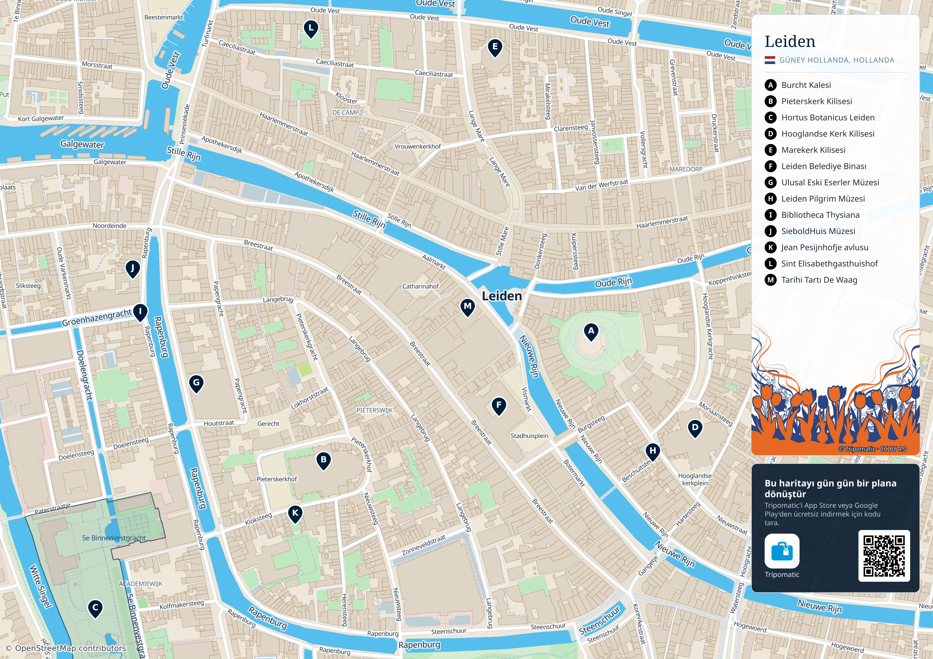 Leiden – numaralandırılmış popüler turistik yerleri gösteren yazdırılabilir turist haritası