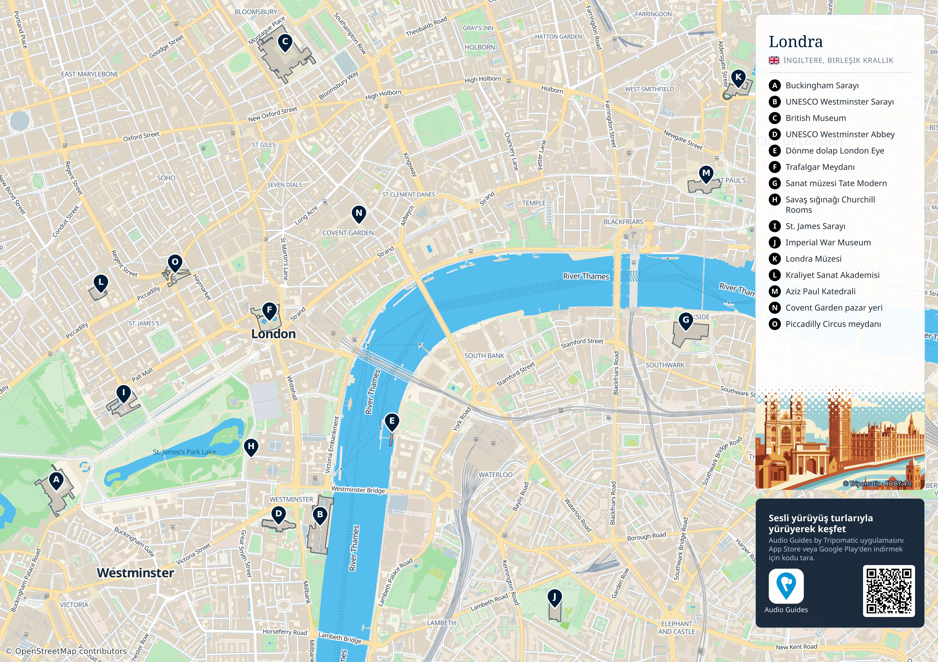 Londra – numaralandırılmış popüler turistik yerleri gösteren yazdırılabilir turist haritası