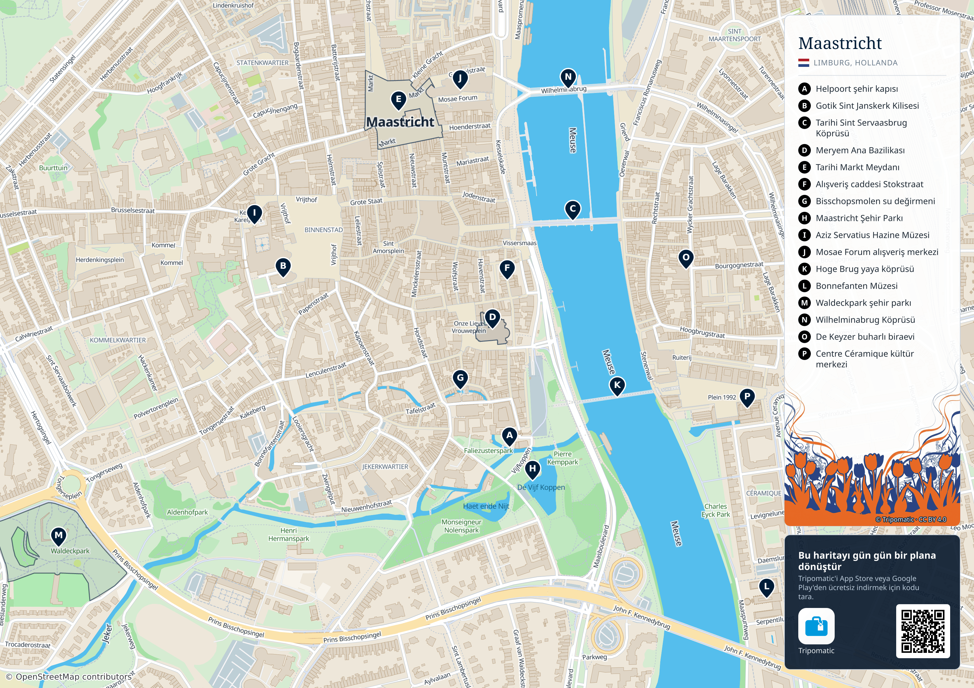 Maastricht – numaralandırılmış popüler turistik yerleri gösteren yazdırılabilir turist haritası