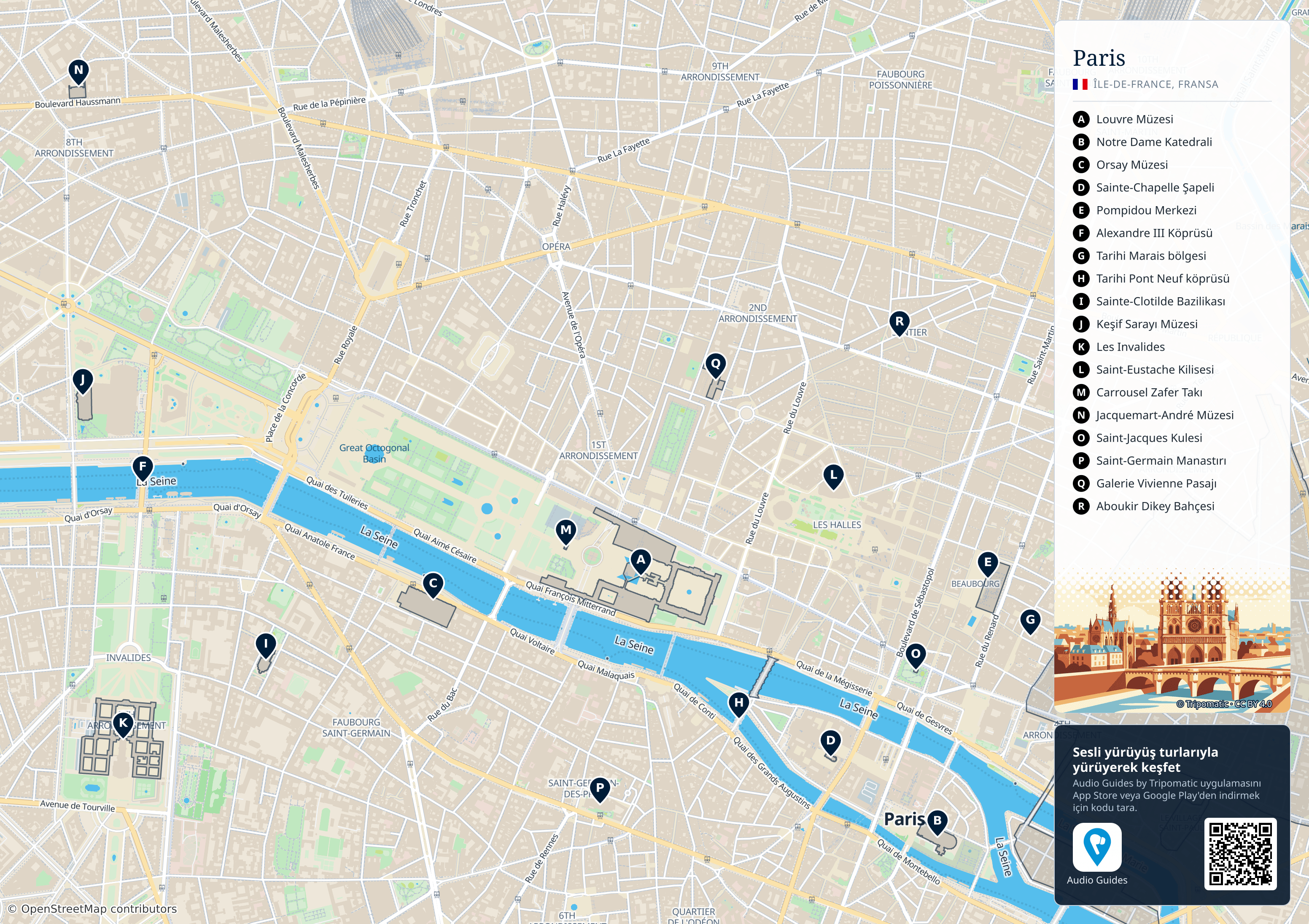 Paris – numaralandırılmış popüler turistik yerleri gösteren yazdırılabilir turist haritası
