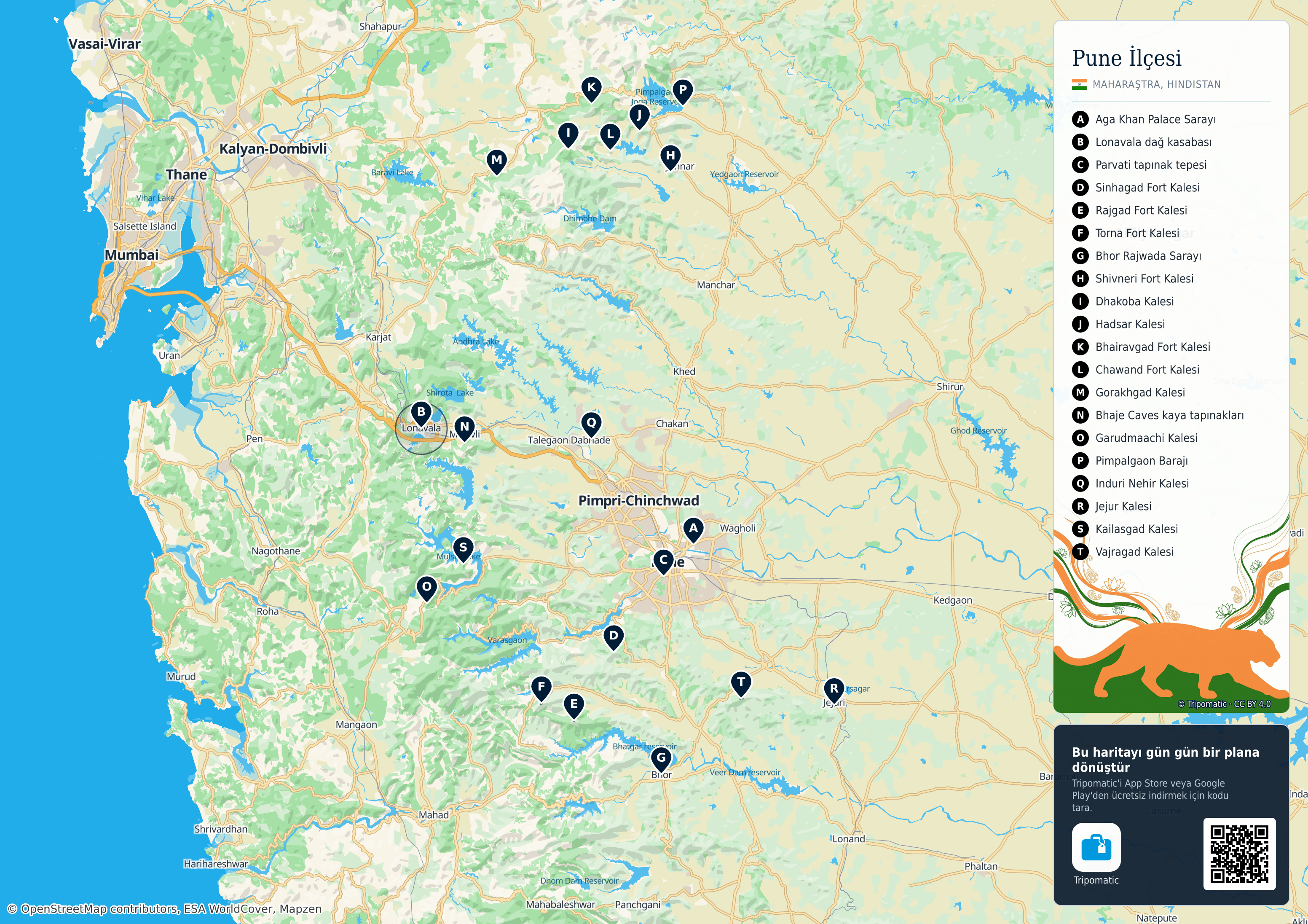 Pune ilçesi – numaralandırılmış popüler turistik yerleri gösteren yazdırılabilir turist haritası