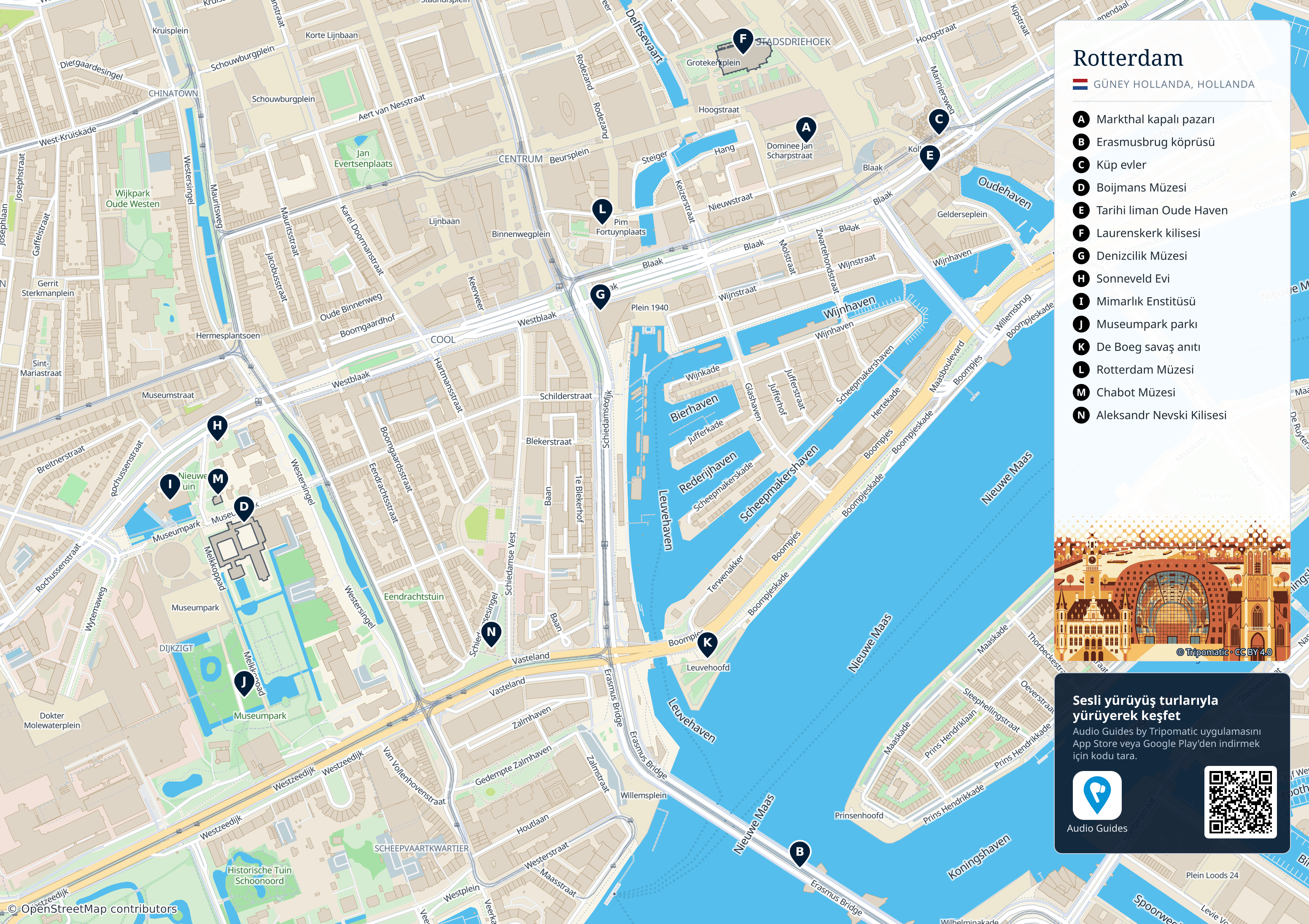 Rotterdam – numaralandırılmış popüler turistik yerleri gösteren yazdırılabilir turist haritası