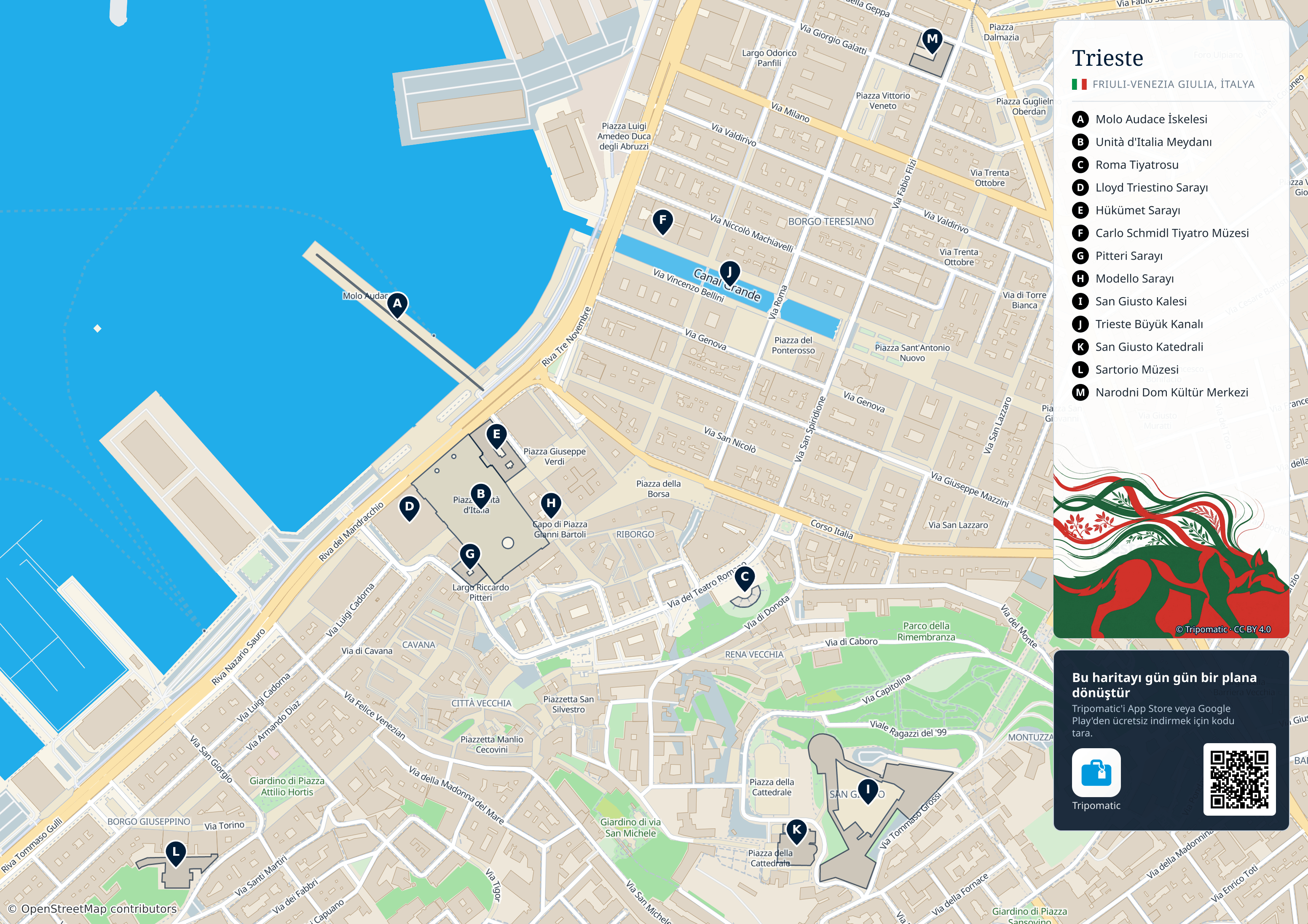 Trieste – numaralandırılmış popüler turistik yerleri gösteren yazdırılabilir turist haritası